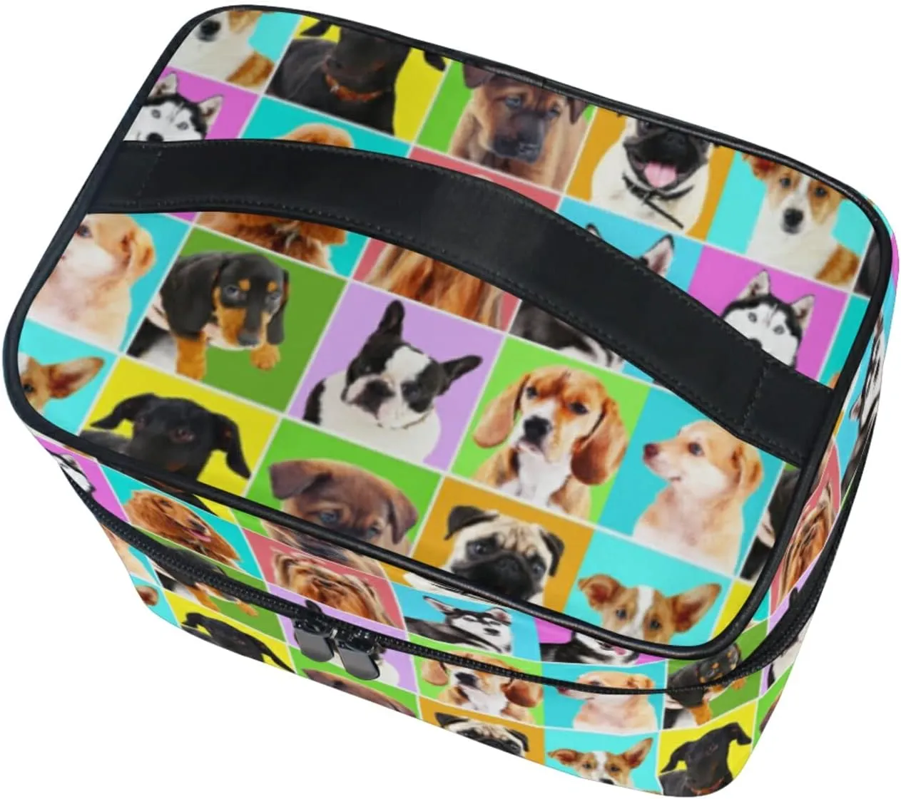 Different Dogs Breeds Portraits Checker Pattern Beauty Cosmetic with Zipper Brush Portable Storage Bag, Fashion printing Toiletry, Durable Travel Organizer Tote Unisex Gifts