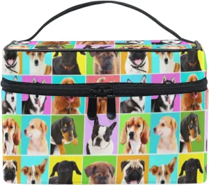 Different Dogs Breeds Portraits Checker Pattern Beauty Cosmetic with Zipper Brush Portable Storage Bag, Fashion printing Toiletry, Durable Travel Organizer Tote Unisex Gifts