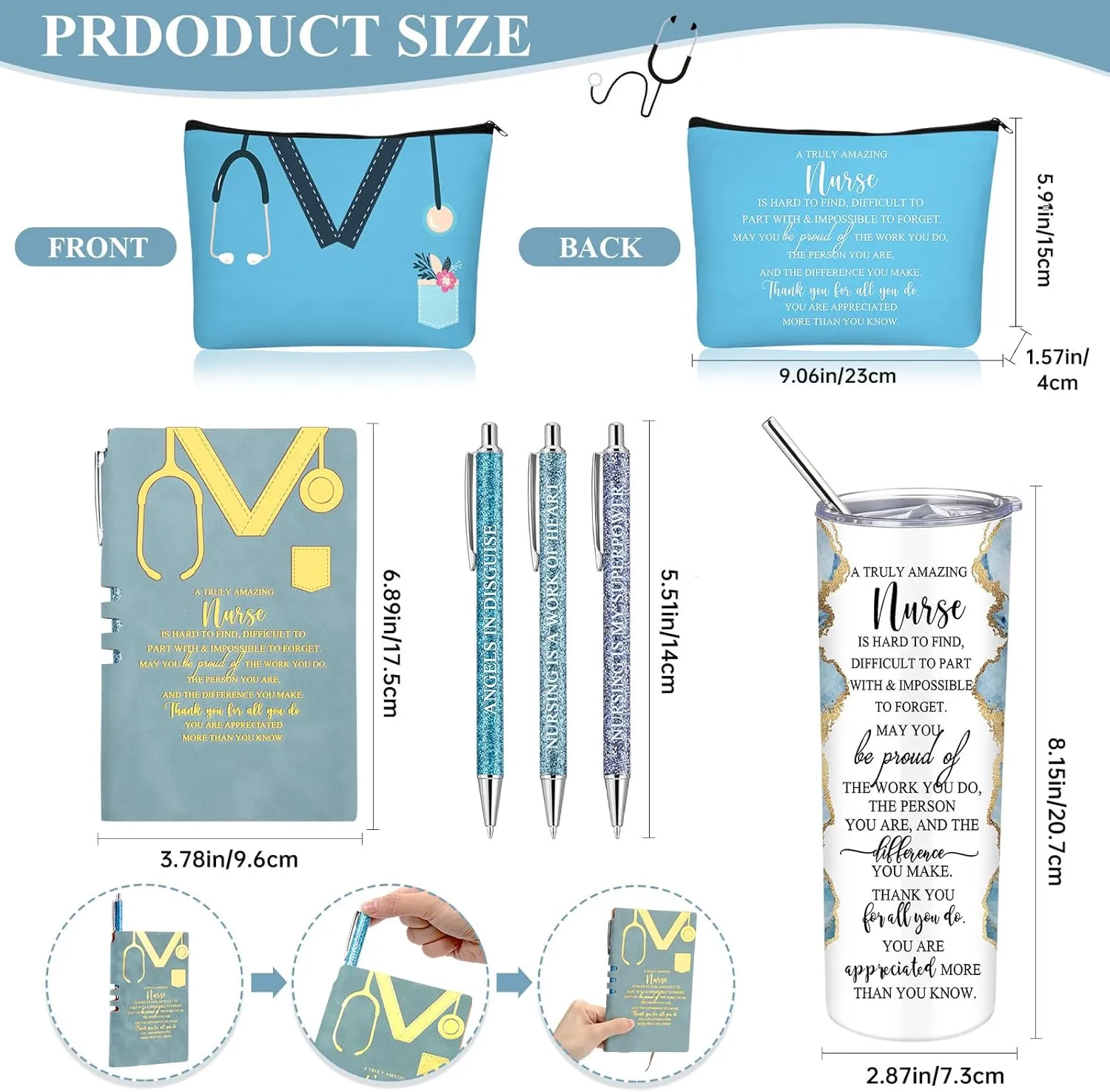 Domensi 6 Pcs Cna Week Appreciation Gifts 2025 for Women Medical Nursing Assistant 20 oz Marble Sign Nurse Tumbler Makeup Bag Notepad with Ballpoint Pen for Graduation Nursing Student(Blue)