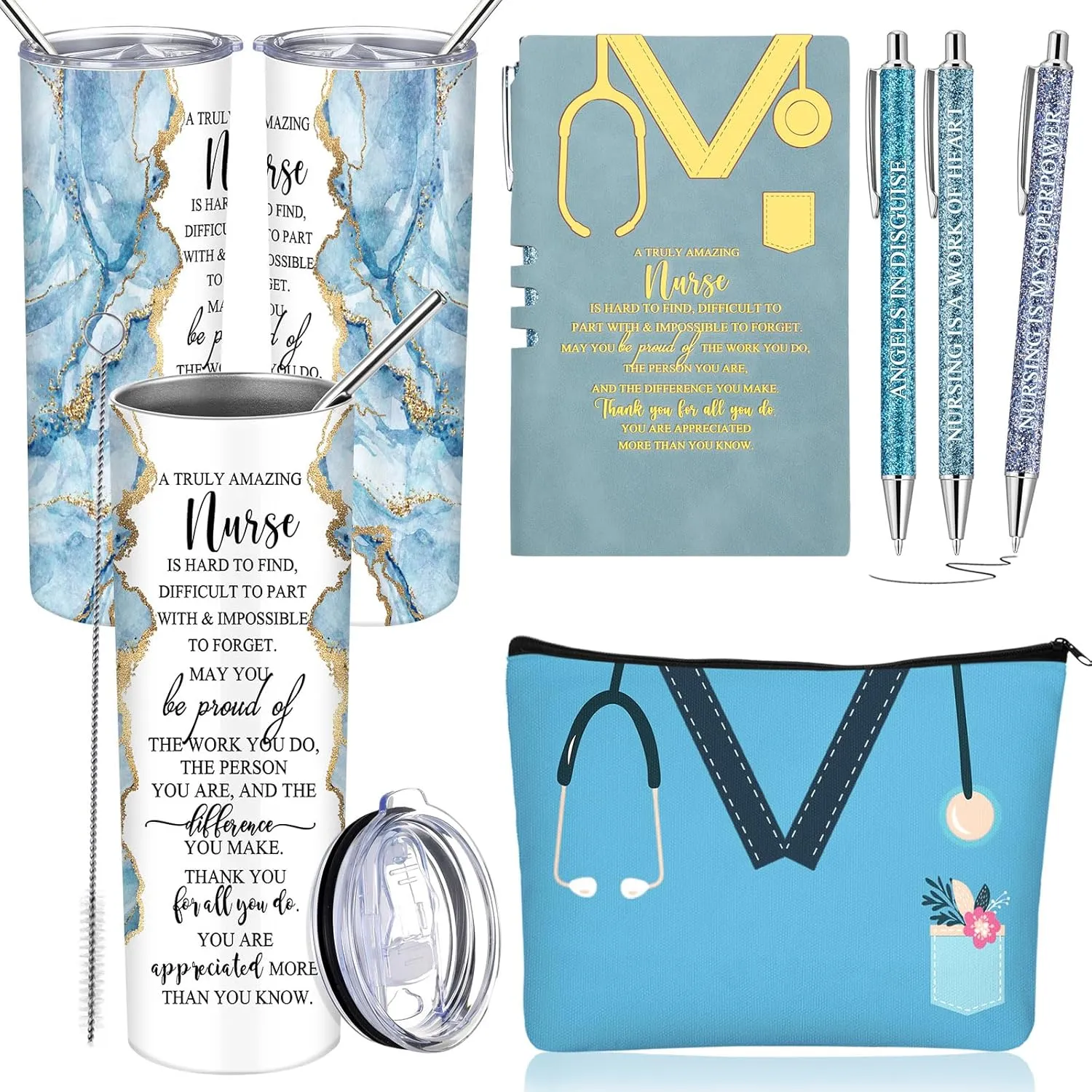 Domensi 6 Pcs Cna Week Appreciation Gifts 2025 for Women Medical Nursing Assistant 20 oz Marble Sign Nurse Tumbler Makeup Bag Notepad with Ballpoint Pen for Graduation Nursing Student(Blue)