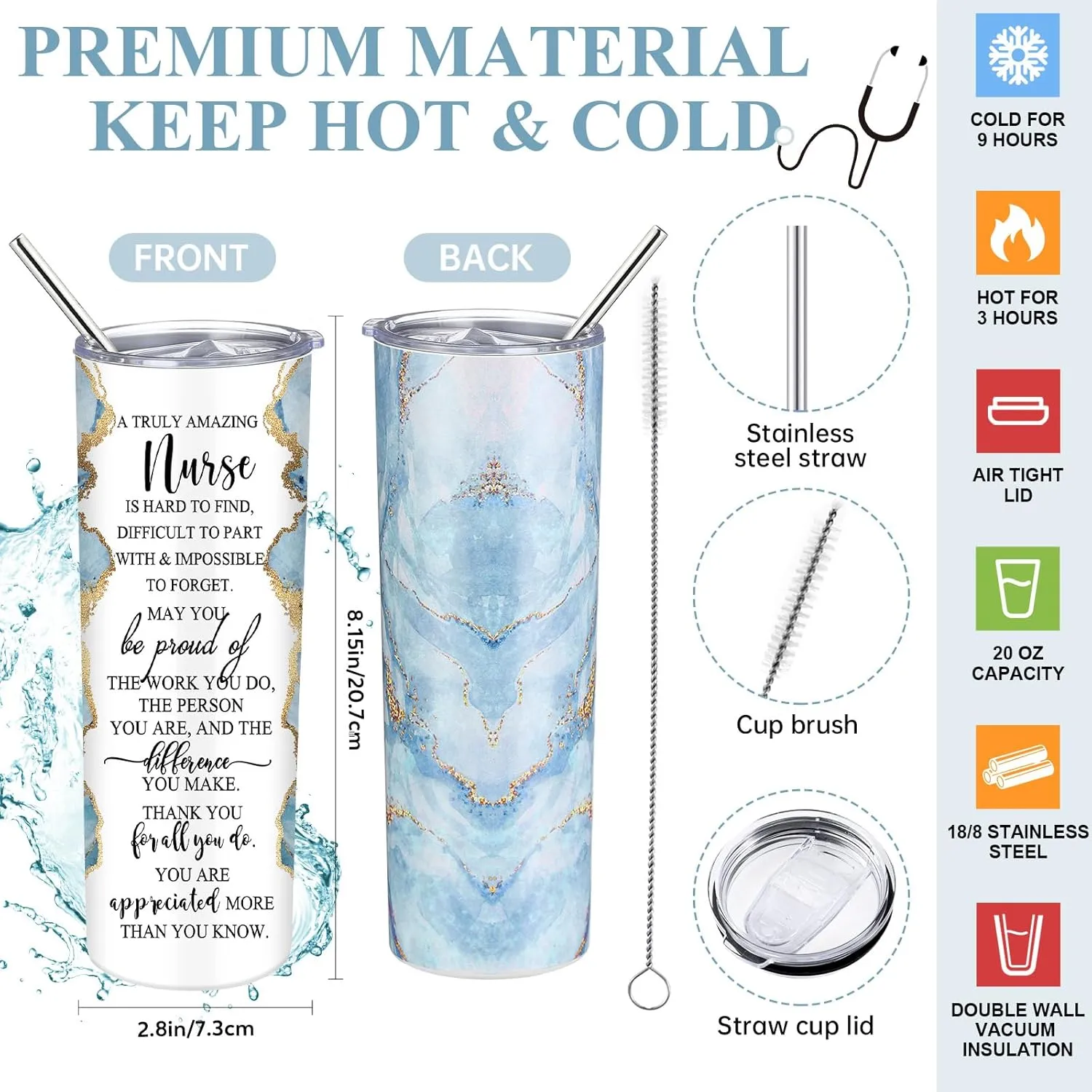 Domensi 6 Pcs Cna Week Appreciation Gifts 2025 for Women Medical Nursing Assistant 20 oz Marble Sign Nurse Tumbler Makeup Bag Notepad with Ballpoint Pen for Graduation Nursing Student(Blue)
