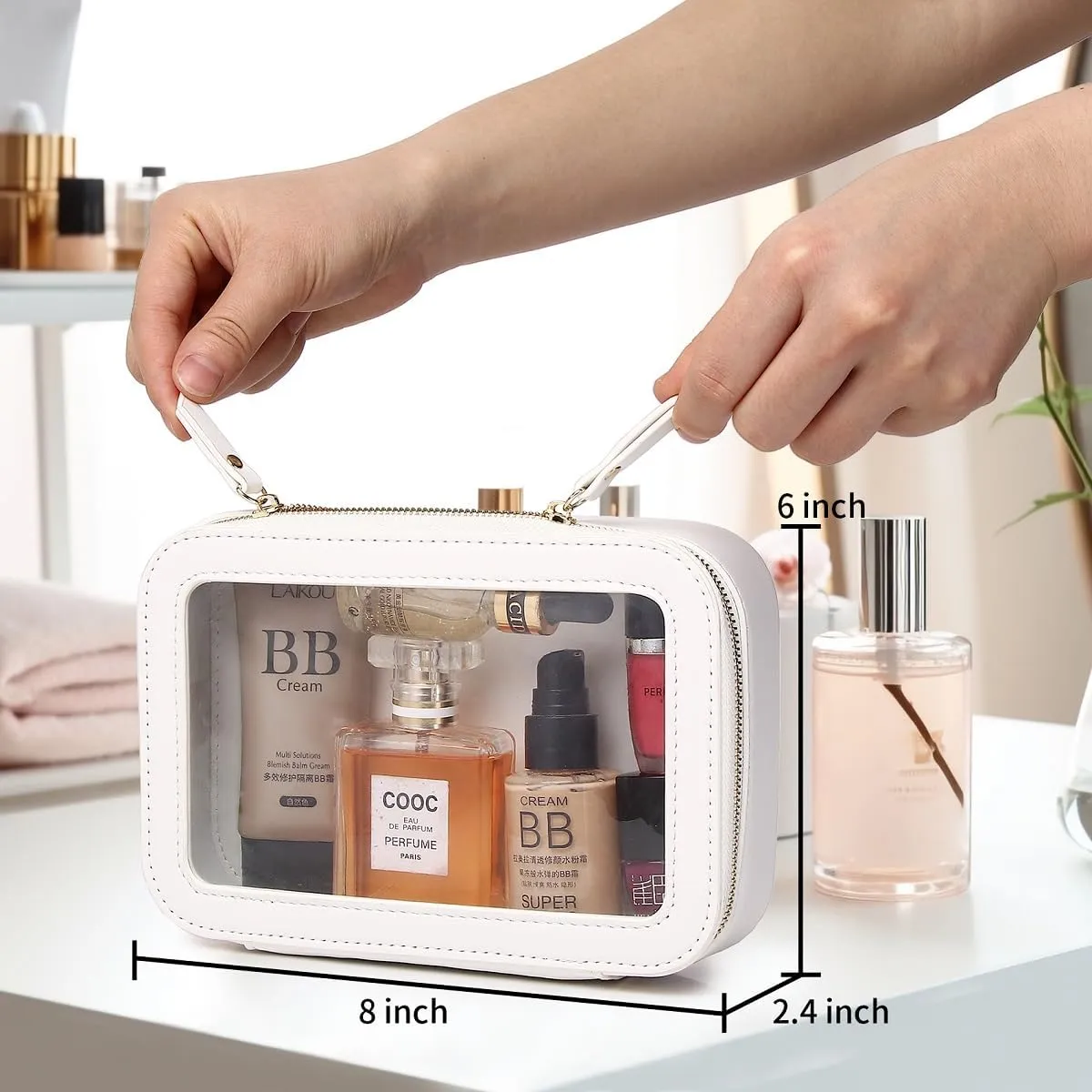 Duolan Clear Makeup Bag Portable Transparent Cosmetic Bag Organizer Clear Travel Makeup Case Toiletry Bag Makeup Bag for Car with Zipper for Women (A/White, M)