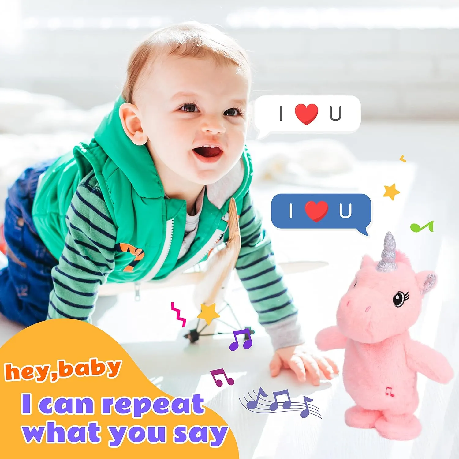 Easfan Talking Unicorn Repeats What You Say Walking Singing Stuffed Animal Electric Interactive Plush Toy Funny Animated Toy Mimicking Speaking Birthday for Kids Toddlers Pink,10''