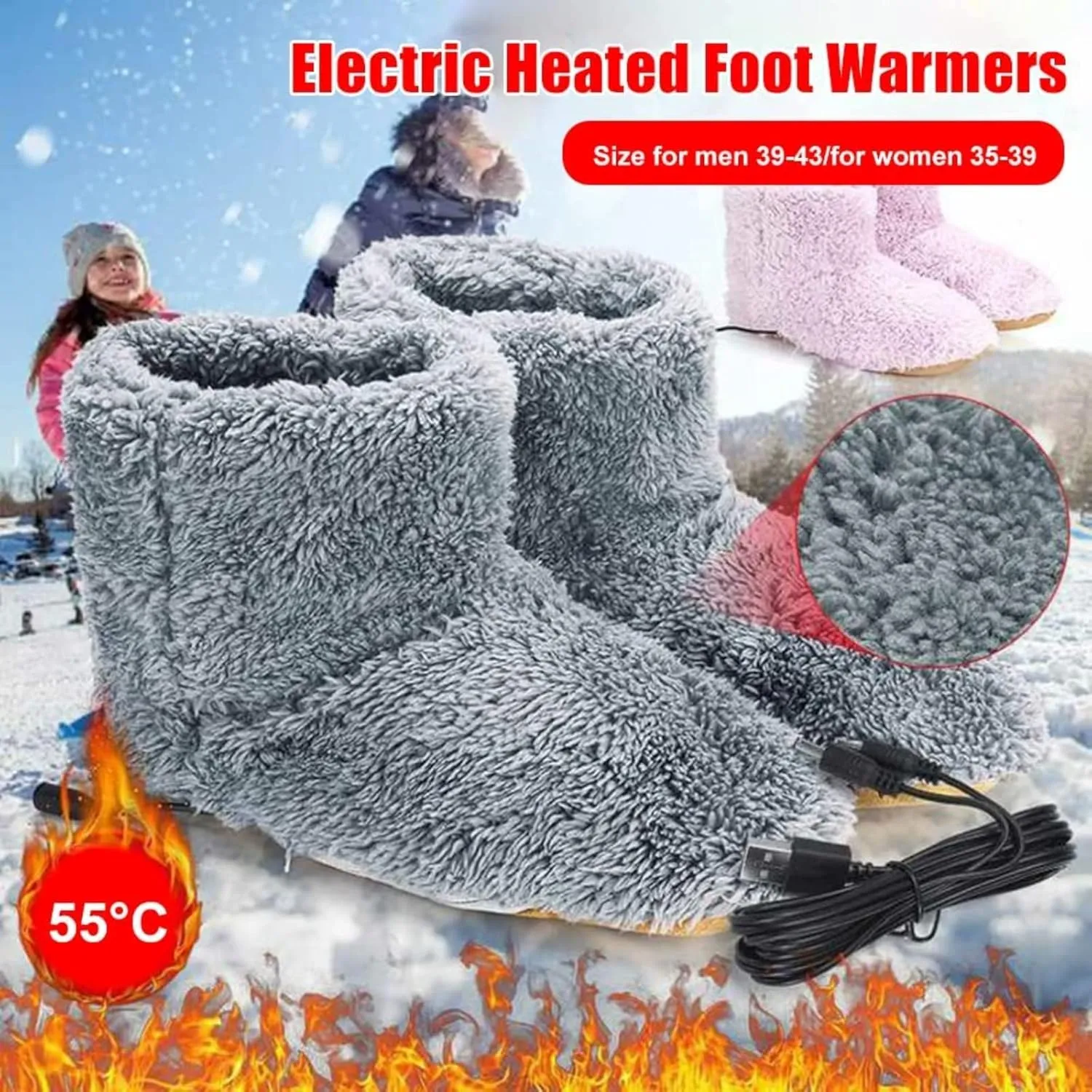 Electric Heated Foot Warmer, USB Rechargeable Plush Foot Heater Electric Heating Pad Winter Office Heating Shoes Winter Warm Heating Booties Washable Plush Shoes-Grey