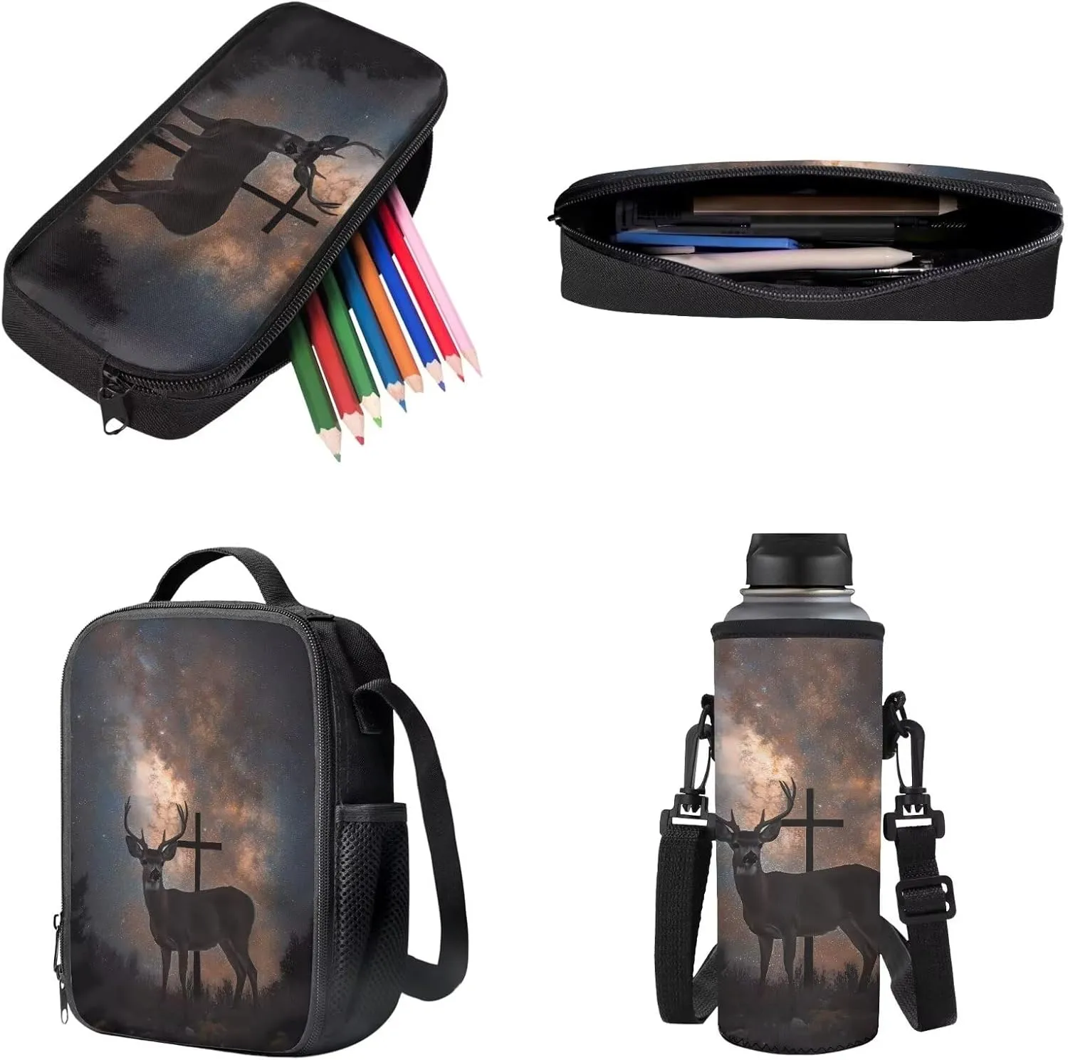 Elk Cross Galaxy Print 4PCS Backpack Set for Kids, Zippered Schoolbag with Lunch Box Pencil Case Water Bottle Sleeve, Large Preschool Kindergarten Elementary Shoulder Bookbags