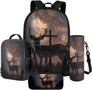 Elk Cross Galaxy Print 4PCS Backpack Set for Kids, Zippered Schoolbag with Lunch Box Pencil Case Water Bottle Sleeve, Large Preschool Kindergarten Elementary Shoulder Bookbags