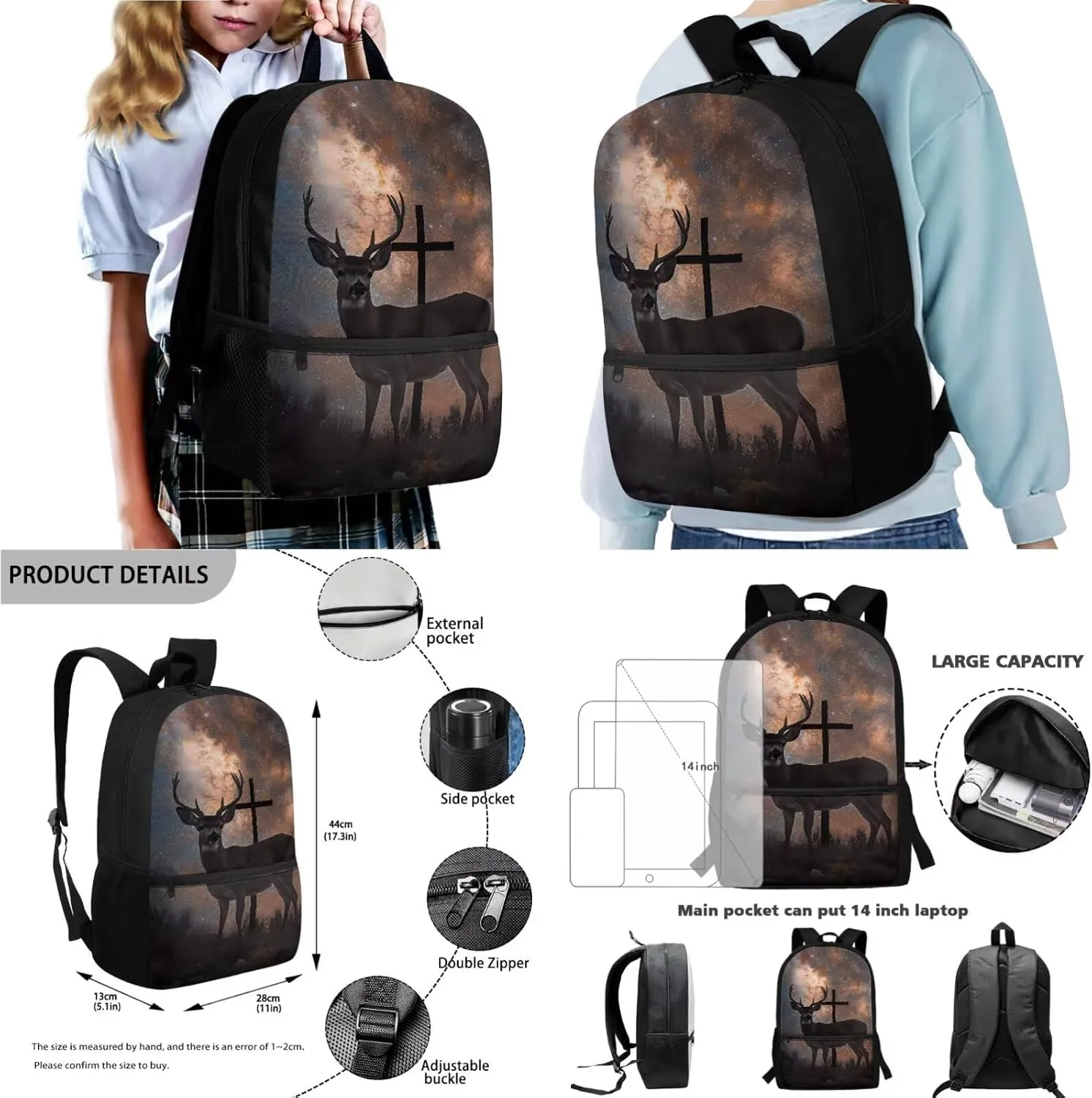 Elk Cross Galaxy Print 4PCS Backpack Set for Kids, Zippered Schoolbag with Lunch Box Pencil Case Water Bottle Sleeve, Large Preschool Kindergarten Elementary Shoulder Bookbags