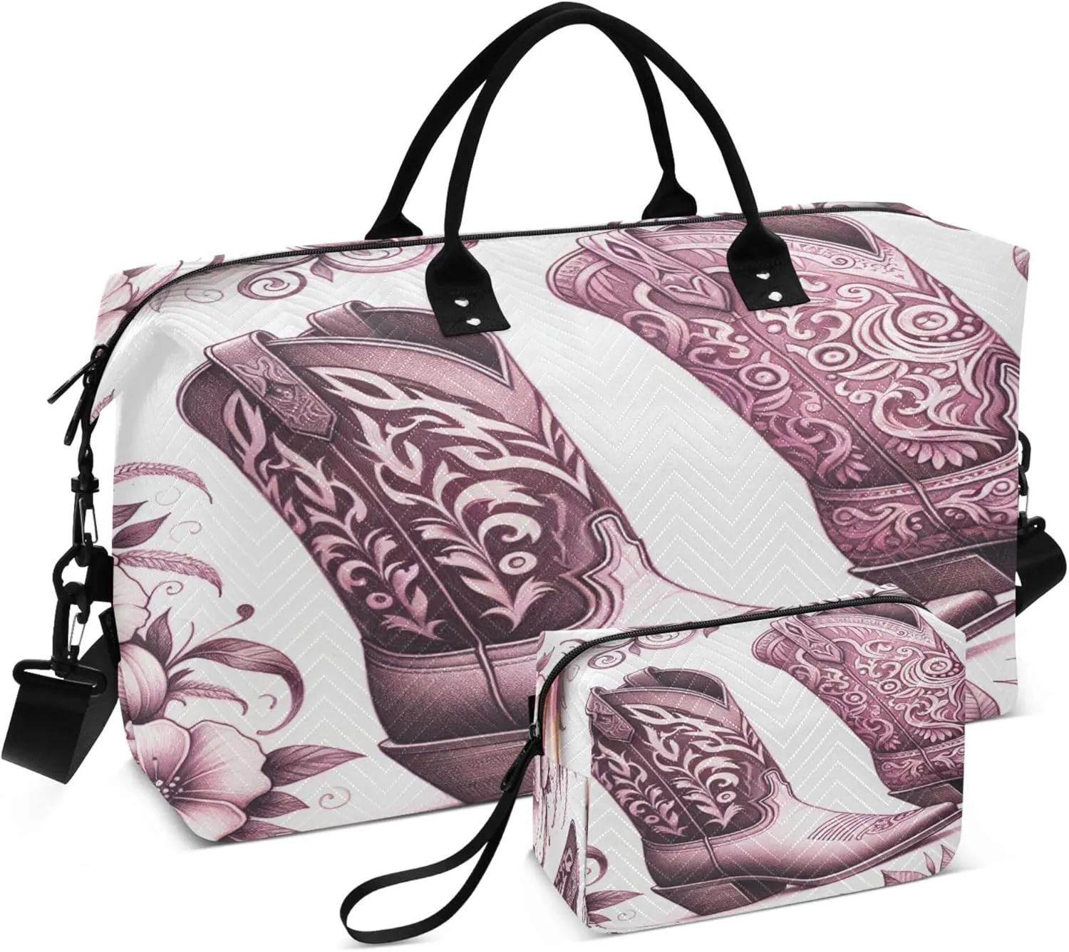 Exnundod Cowgirl Boots Pattern Travel Duffel Bags for Women Pencil Sketch Artistic Sports Gym Bag Weekender Carry On Tote Overnight Luggage Duffle Bags