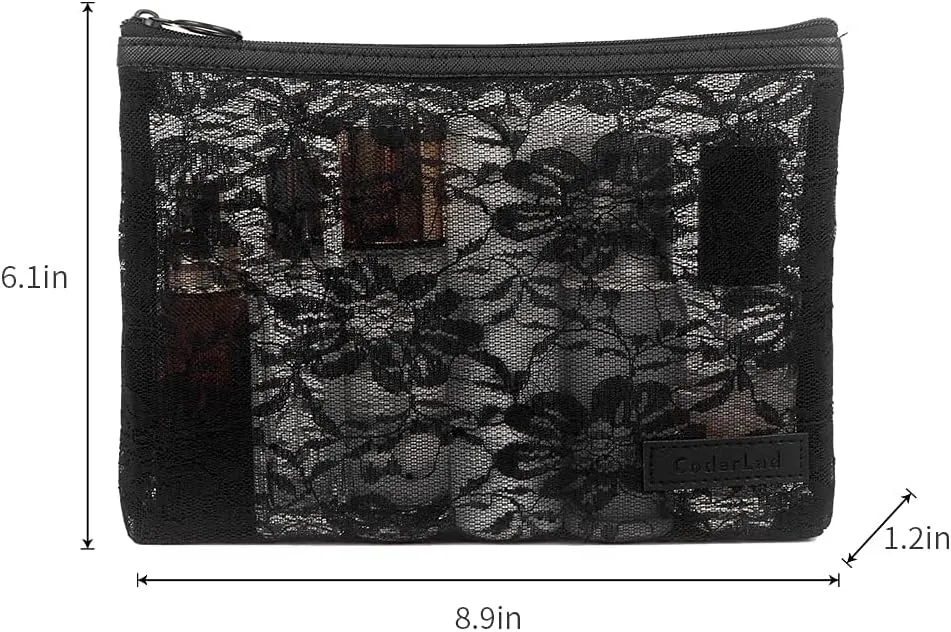 fashion portable cosmetic bag,Visible large capacity Nylon storage bag, for Business Travel bath, Unisex (black 3pcs set) (purpose made lace zippered cosmetic bag)