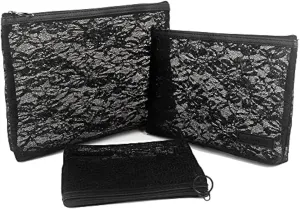fashion portable cosmetic bag,Visible large capacity Nylon storage bag, for Business Travel bath, Unisex (black 3pcs set) (purpose made lace zippered cosmetic bag)