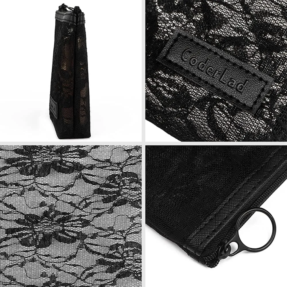 fashion portable cosmetic bag,Visible large capacity Nylon storage bag, for Business Travel bath, Unisex (black 3pcs set) (purpose made lace zippered cosmetic bag)