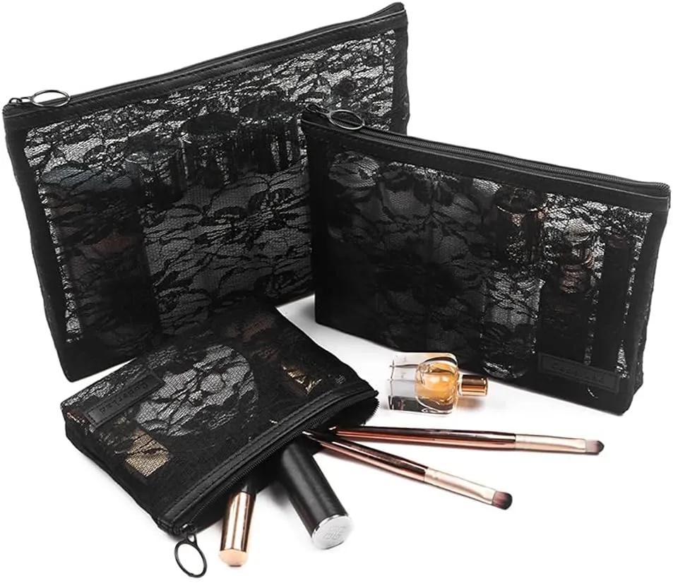 fashion portable cosmetic bag,Visible large capacity Nylon storage bag, for Business Travel bath, Unisex (black 3pcs set) (purpose made lace zippered cosmetic bag)