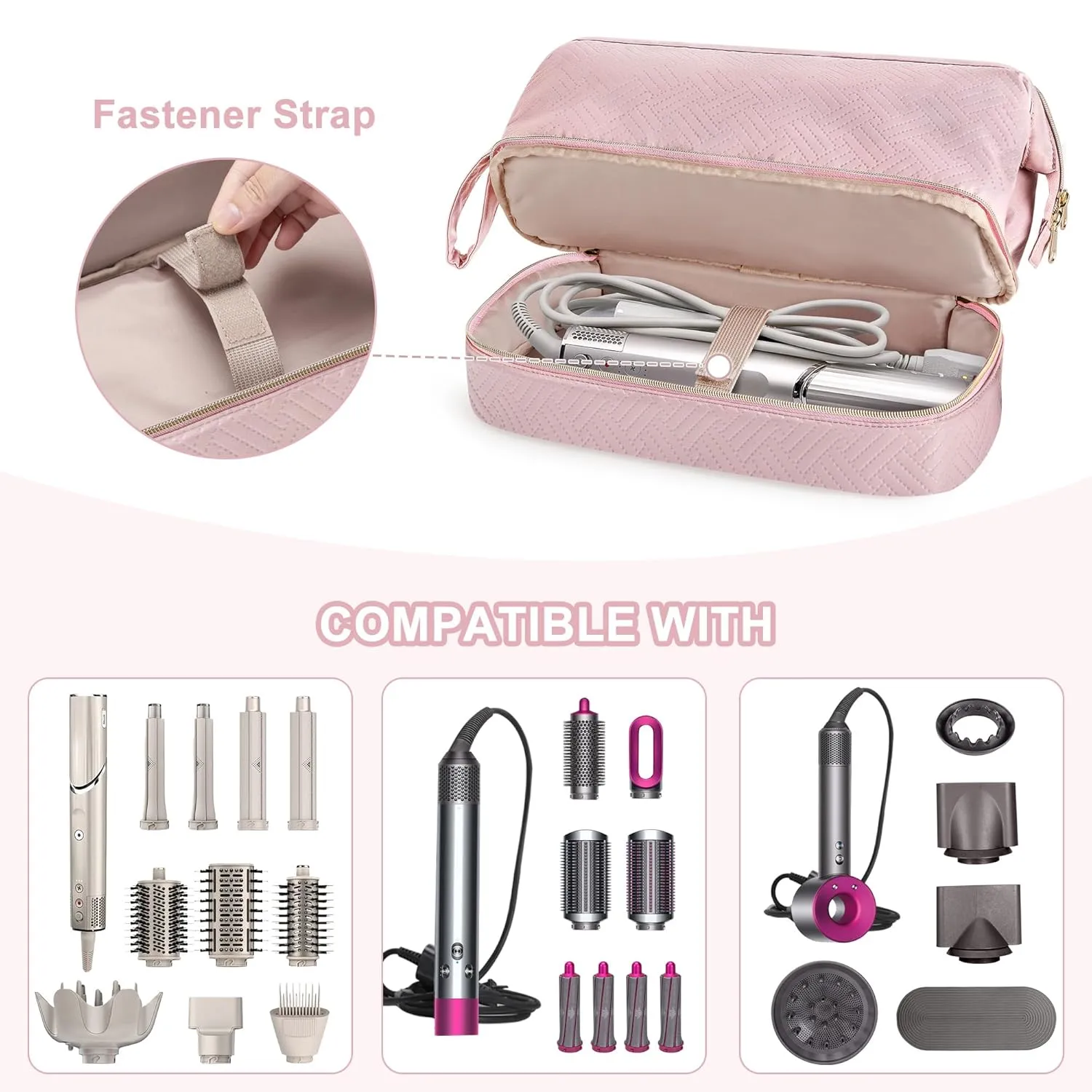 Fasrom Travel Case Compatible with Shark Flexstyle Hair Dryer, Wide-open Hair Tools Bag Compatible with Dyson Airwrap Attachments Storage for Women Travel Essentials, Pink (Patent Design, Bag Only)