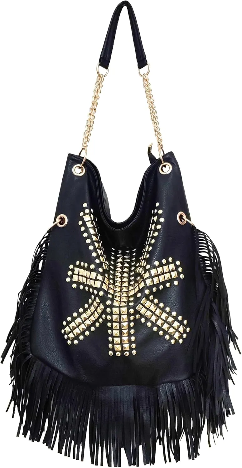 Faux Leather Fringed Hobo Bag Large Rivet Crossbody Bag with Zipper for Women, Black