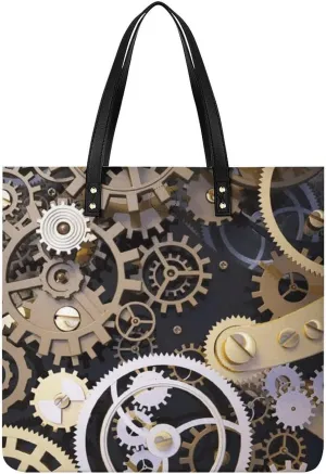 Faux Leather Hangbag for Women,Mechanical Gears Print Tote Bags,Leather Big Purses And Handbags for Work Dating Travel Shopping