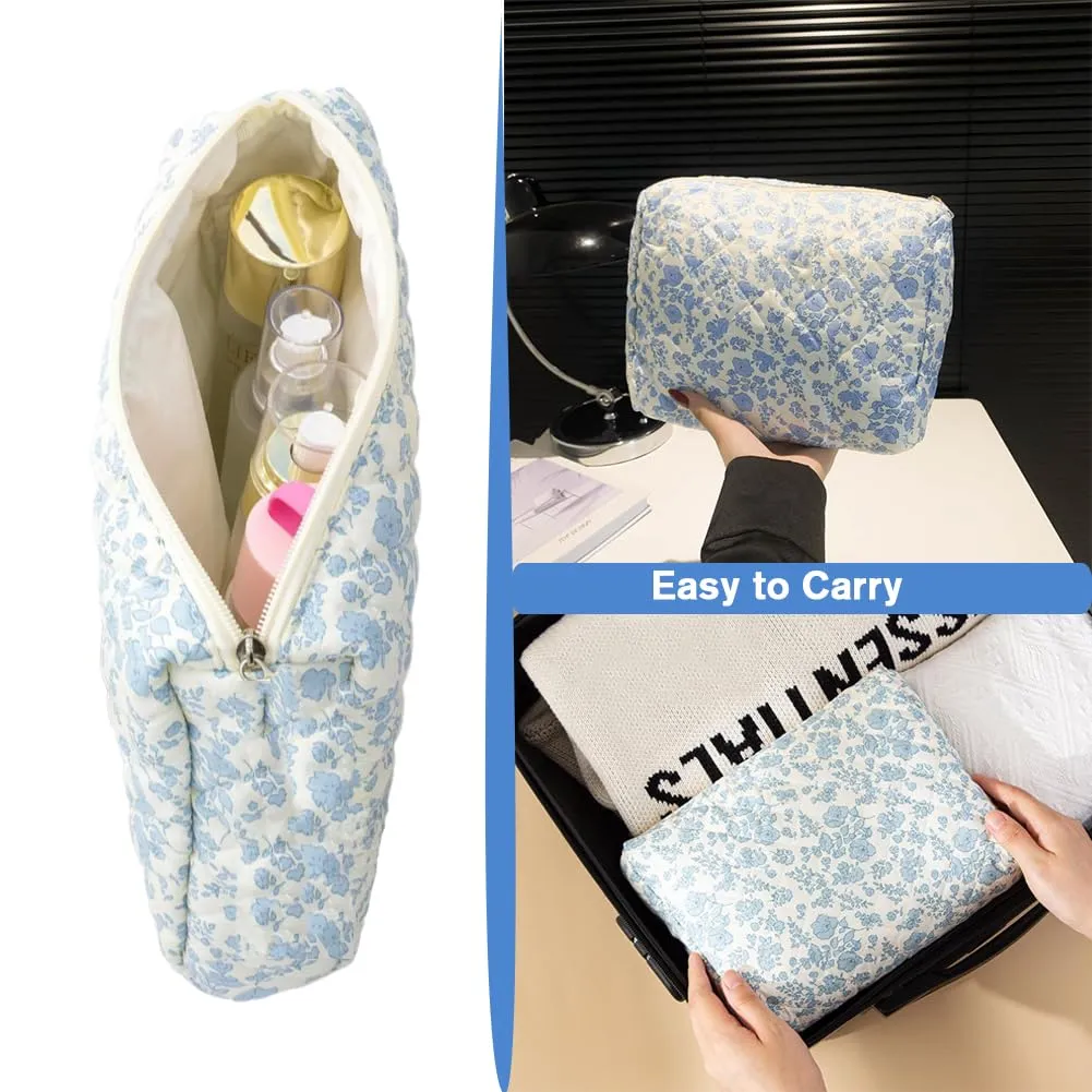 FITINI 2 Pcs Makeup Bag Large Cosmetic Bags Portable Travel Toiletry Case Organizer Cute Small Brushes Storage Pouch with Zipper for Women Purse,Quilting Blue Flower