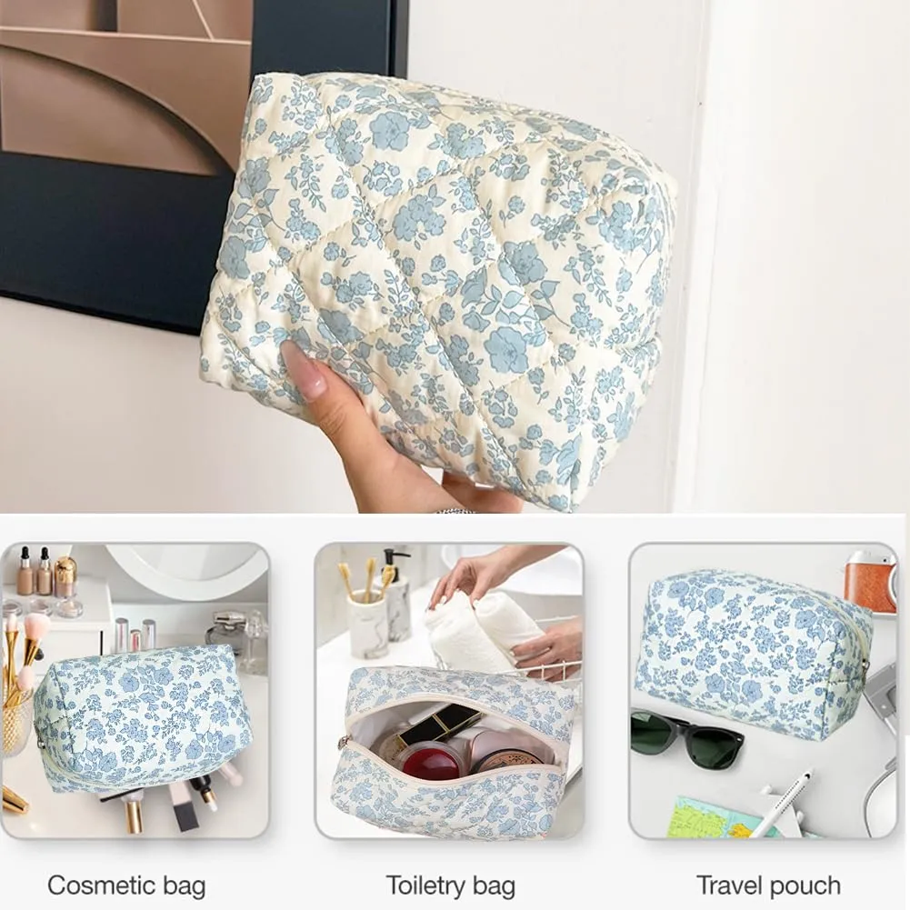 FITINI 2 Pcs Makeup Bag Large Cosmetic Bags Portable Travel Toiletry Case Organizer Cute Small Brushes Storage Pouch with Zipper for Women Purse,Quilting Blue Flower