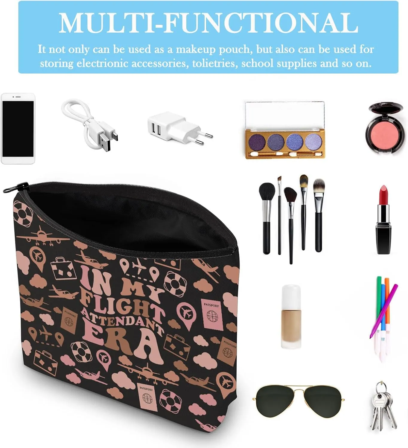 Flight Attendant Gift In My Flight Attendant Era Stewardess Aviation Travel Makeup Bag for Cabin Crew Hostess Aviation Gift (Flight Attendant Era Black)