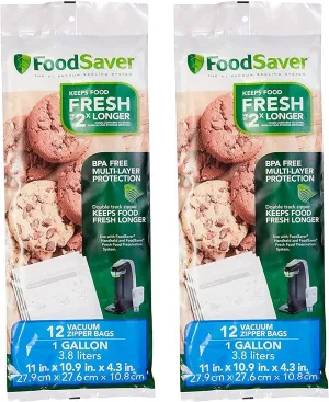 FoodSaver FSFRBZ0316-000 1-Gallon Vacuum Zipper Bags, 12 Count, Multi 2-Pack