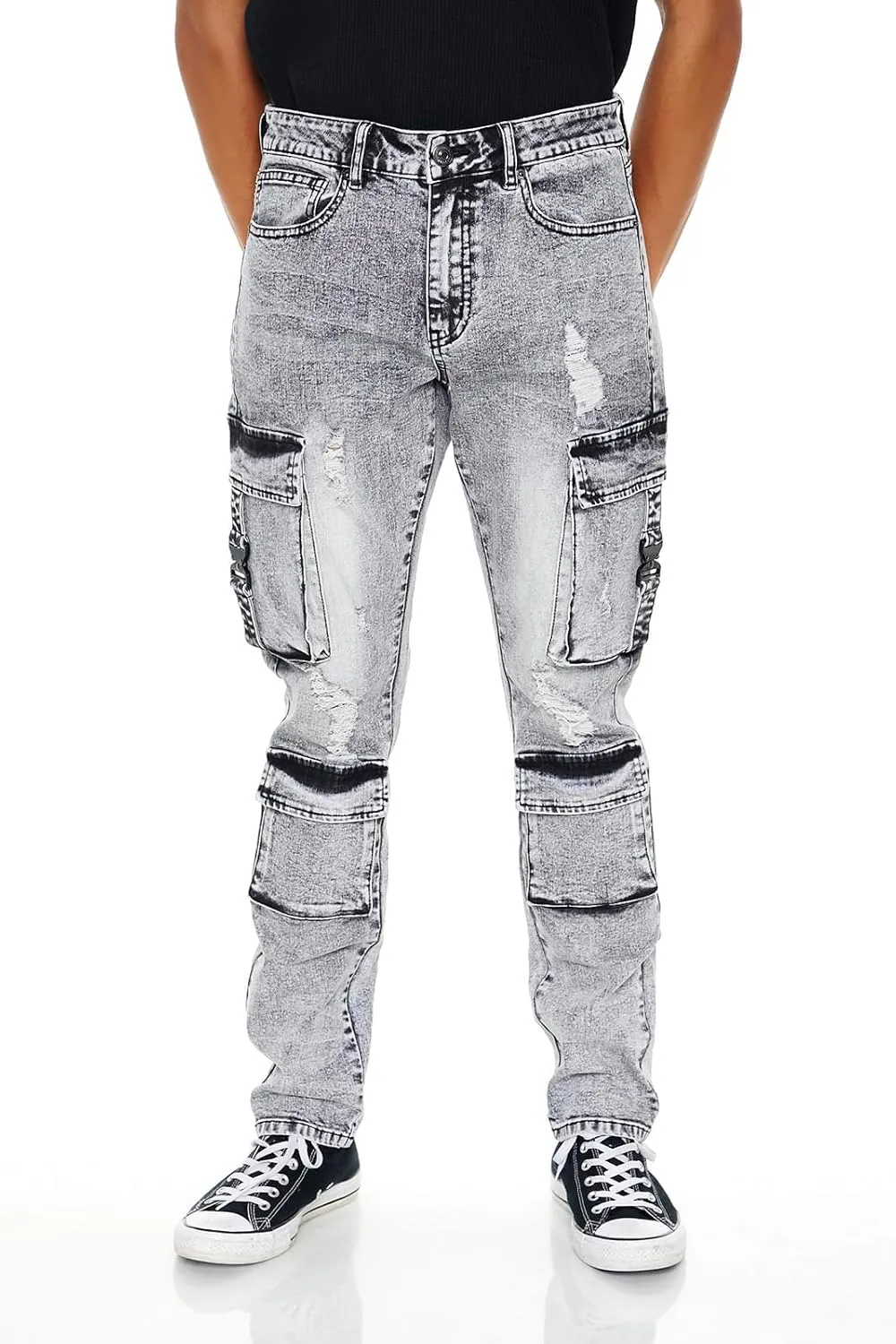 Forever 21 Men's Acid Wash Slim-fit Cargo Jeans
