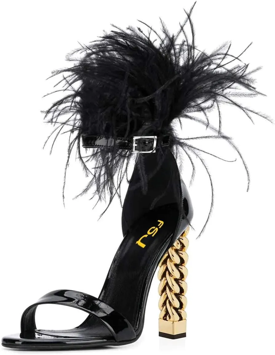 FSJ Women Flower Gold Metal Chain Chunky High Heels Ankle Strap Sandals Open Toe Fashion Summer Dressy Shoes Size 4-15 US