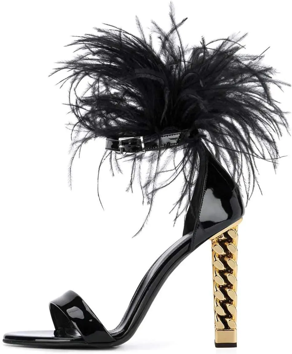 FSJ Women Flower Gold Metal Chain Chunky High Heels Ankle Strap Sandals Open Toe Fashion Summer Dressy Shoes Size 4-15 US