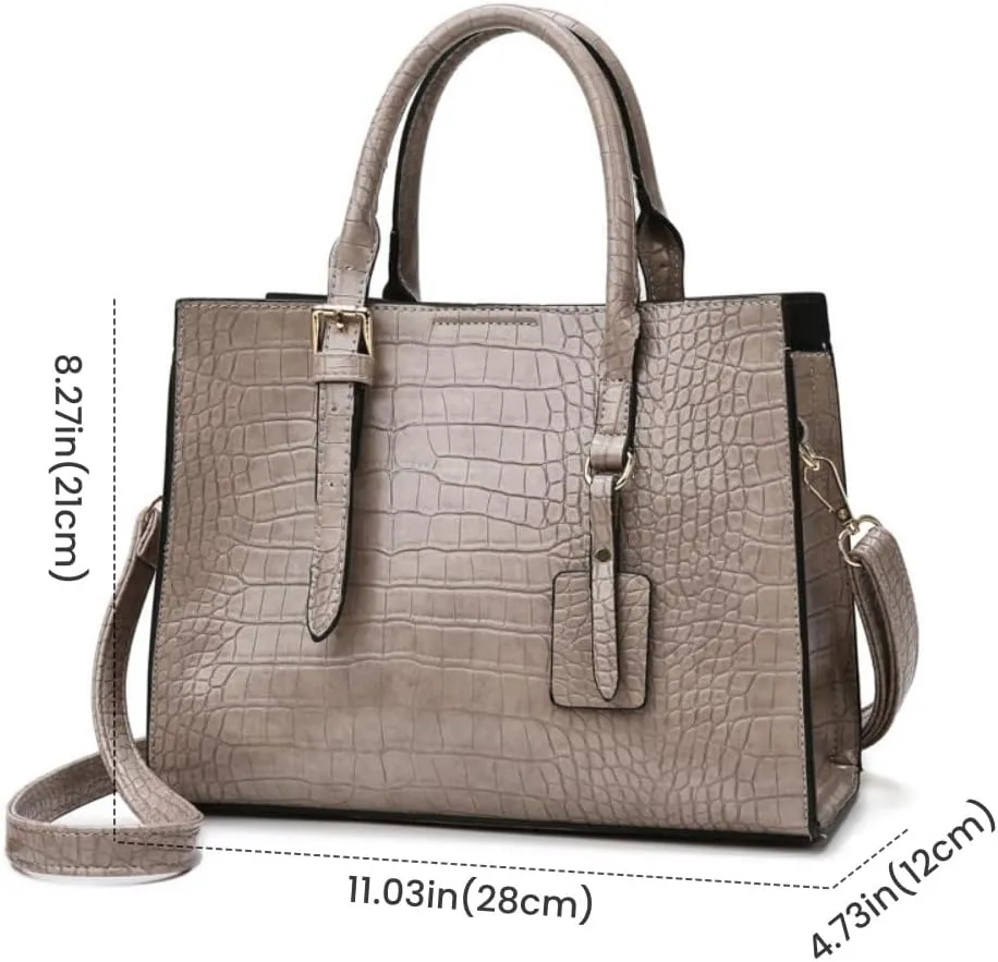 FUNSEED Handbag for Women, Large Capacity Crocodile Print PU Leather Tote Shoulder Bag with Zipper for Work