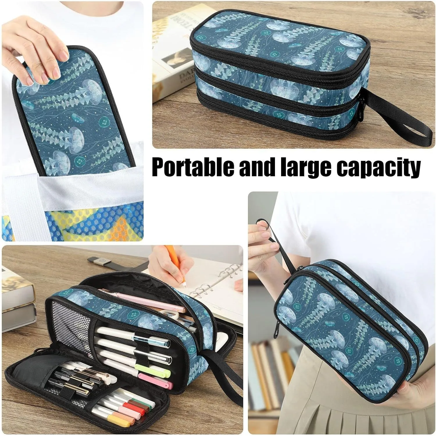 Fustylead Transparent Jellyfish Big Capacity Pencil Pen Case, Multi-Purpose Makeup Bag Organizer Storage Pouch for Office College School Hiking Travel