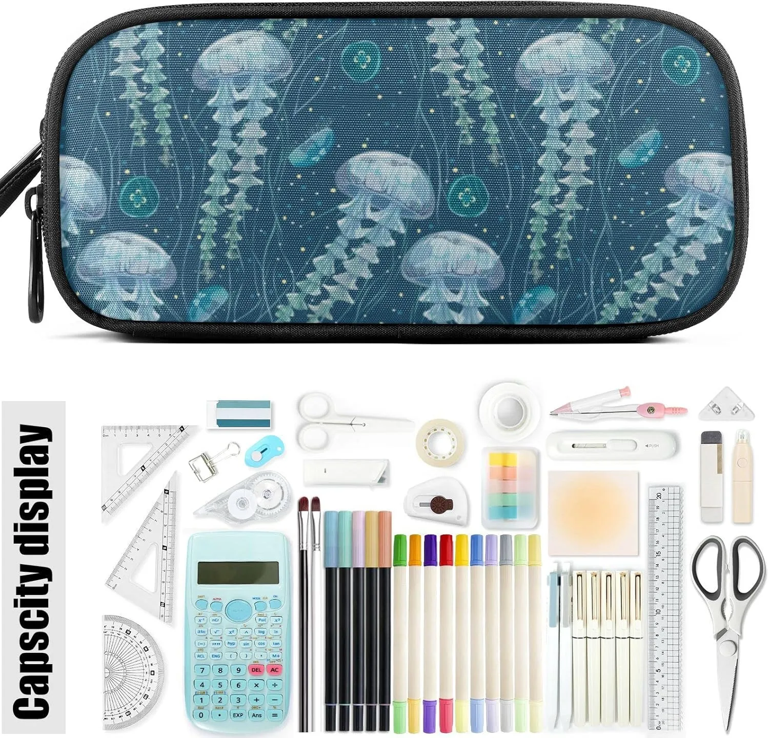 Fustylead Transparent Jellyfish Big Capacity Pencil Pen Case, Multi-Purpose Makeup Bag Organizer Storage Pouch for Office College School Hiking Travel