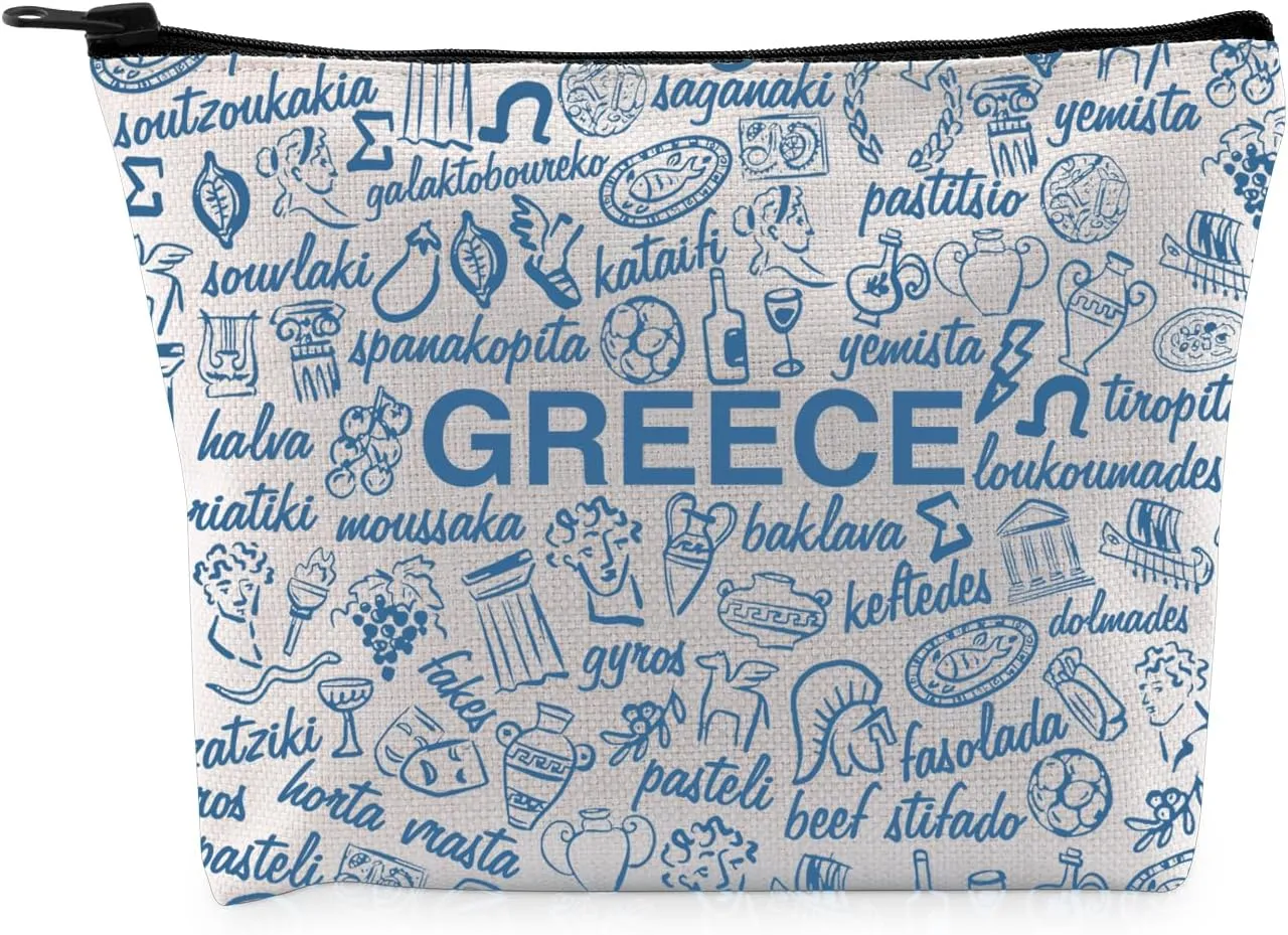 G2TUP Funny Greece Lovers Gift Greece Food Makeup Bag Greece Traveller Cosmetic Bag Greek Culture Lovers Gift (Greece Food MB)