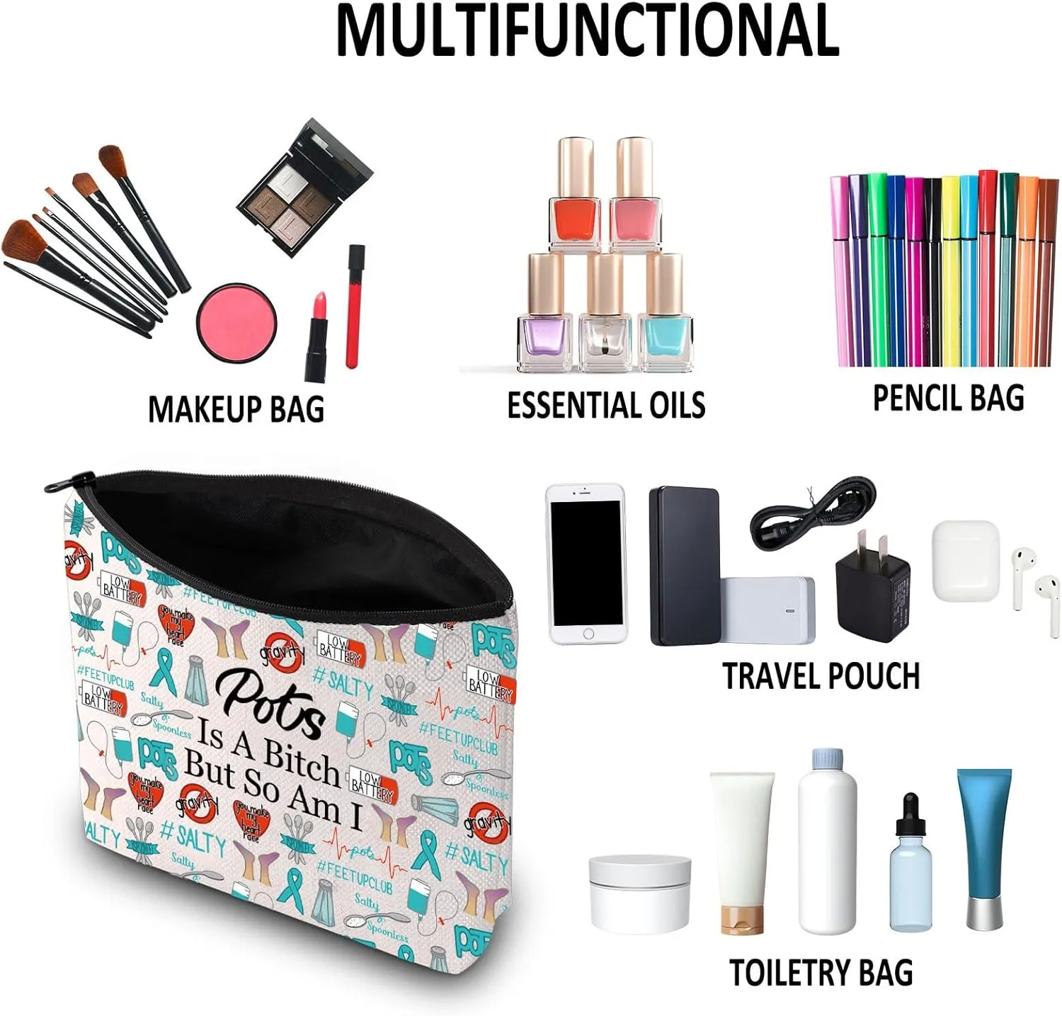 G2TUP POTS Inspired Gift - Makeup Bag, Awareness Cosmetic Bag, POTS Syndrome Fighter Gift