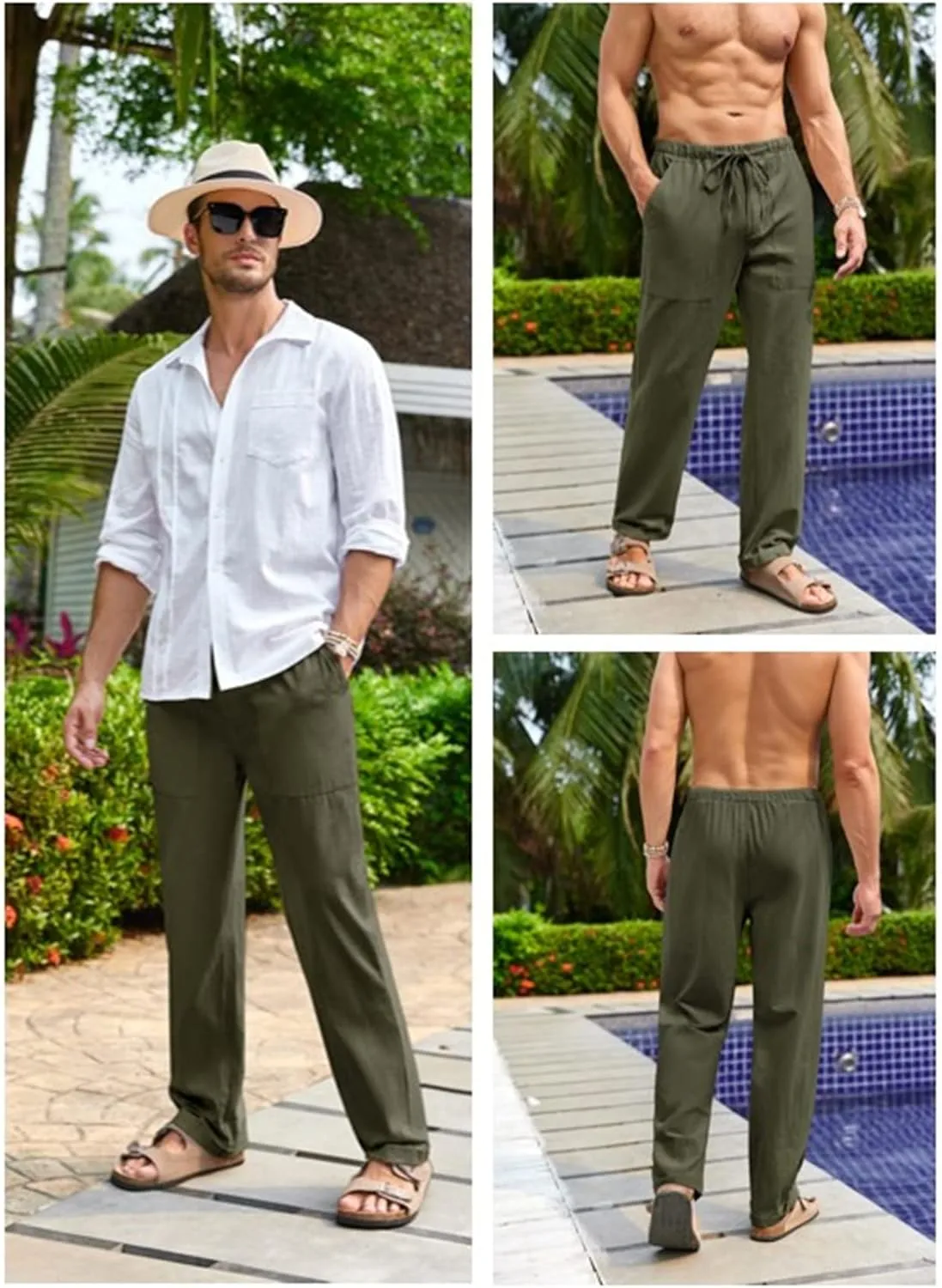 Gafeng Mens Linen Pants Yoga Beach Loose Fit Casual Summer Elastic Waist Drawstring Baggy Trousers with Pockets