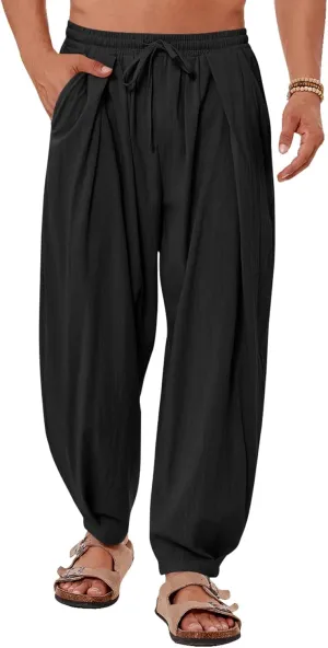 Gafeng Mens Linen Yoga Pants Elastic Waist Drawstring Summer Beach Loose Fit Casual Tapered Trousers
