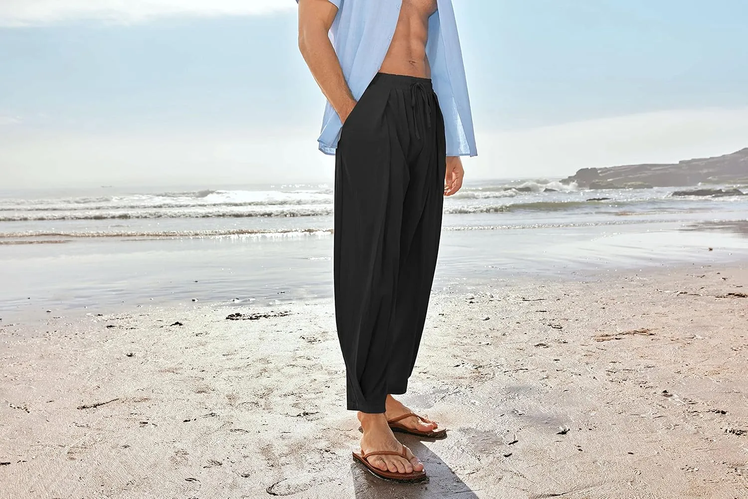 Gafeng Mens Linen Yoga Pants Elastic Waist Drawstring Summer Beach Loose Fit Casual Tapered Trousers