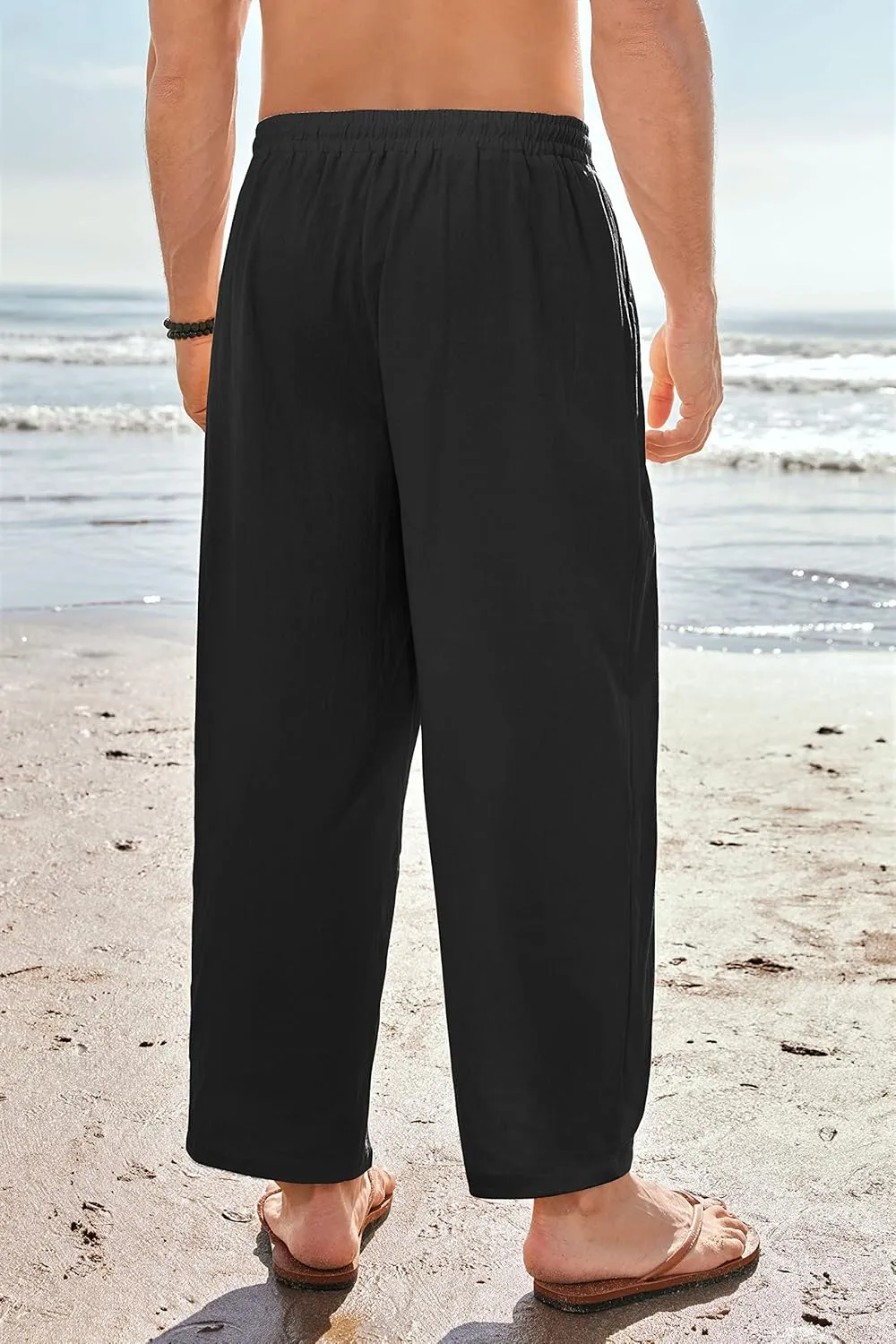 Gafeng Mens Linen Yoga Pants Elastic Waist Drawstring Summer Beach Loose Fit Casual Tapered Trousers