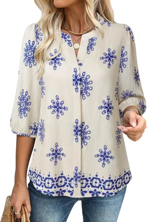 Gaharu Womens Summer Tops 3/4 Puff Sleeve V-Neck Dressy Casual Blouses Boho Floral Shirts