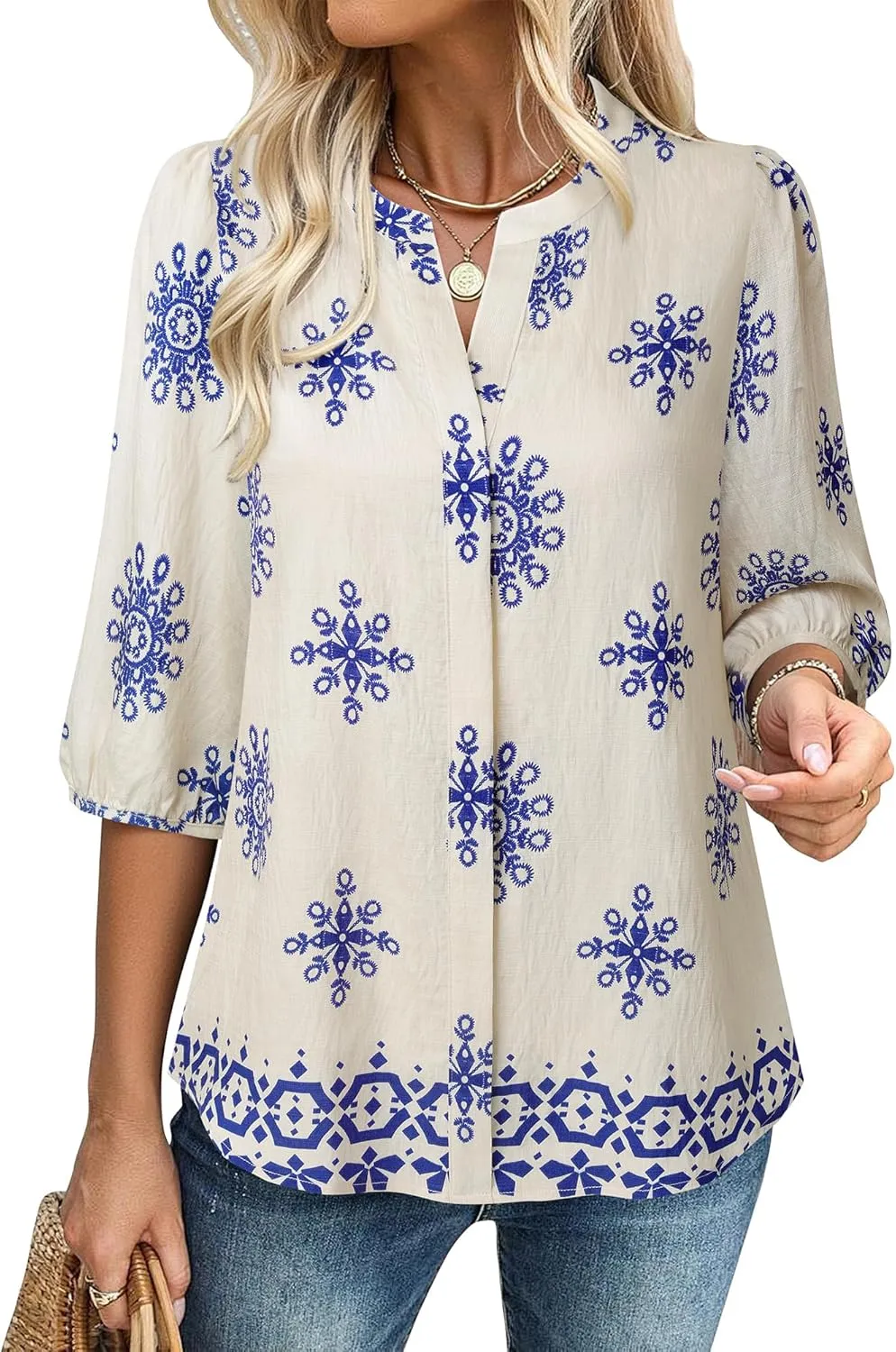 Gaharu Womens Summer Tops 3/4 Puff Sleeve V-Neck Dressy Casual Blouses Boho Floral Shirts
