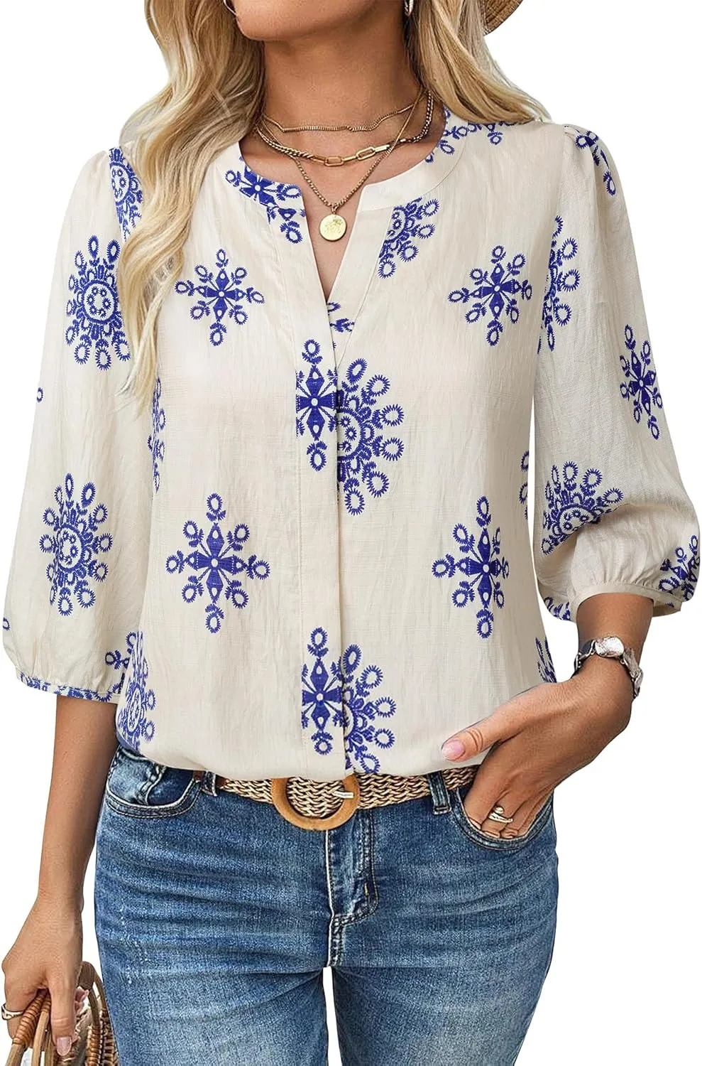 Gaharu Womens Summer Tops 3/4 Puff Sleeve V-Neck Dressy Casual Blouses Boho Floral Shirts