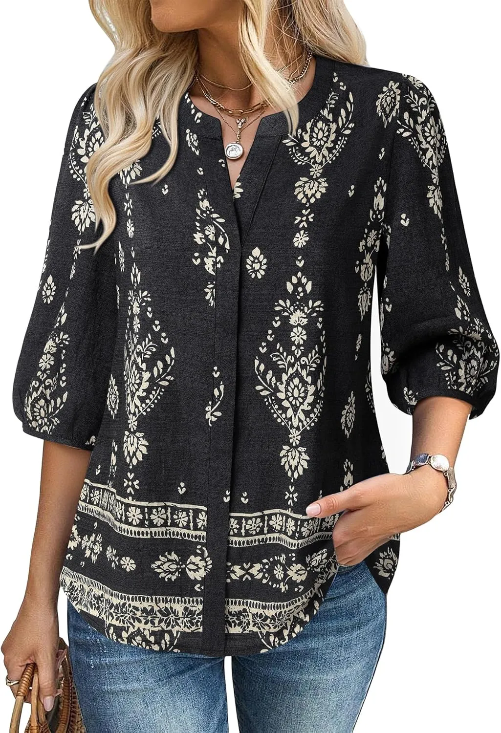 Gaharu Womens Summer Tops 3/4 Puff Sleeve V-Neck Dressy Casual Blouses Boho Floral Shirts