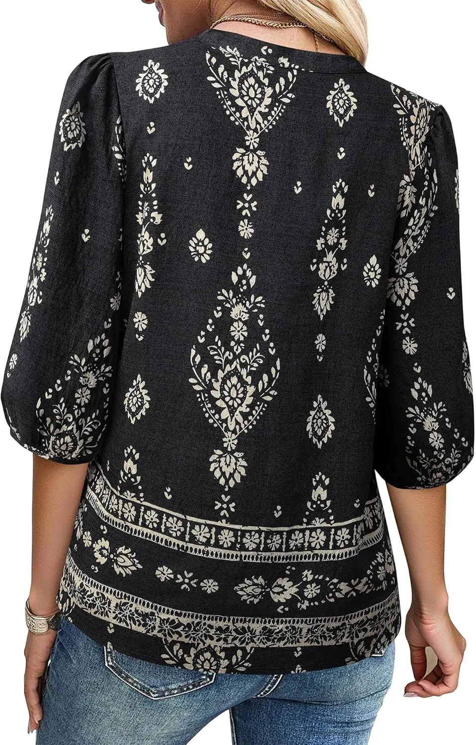 Gaharu Womens Summer Tops 3/4 Puff Sleeve V-Neck Dressy Casual Blouses Boho Floral Shirts