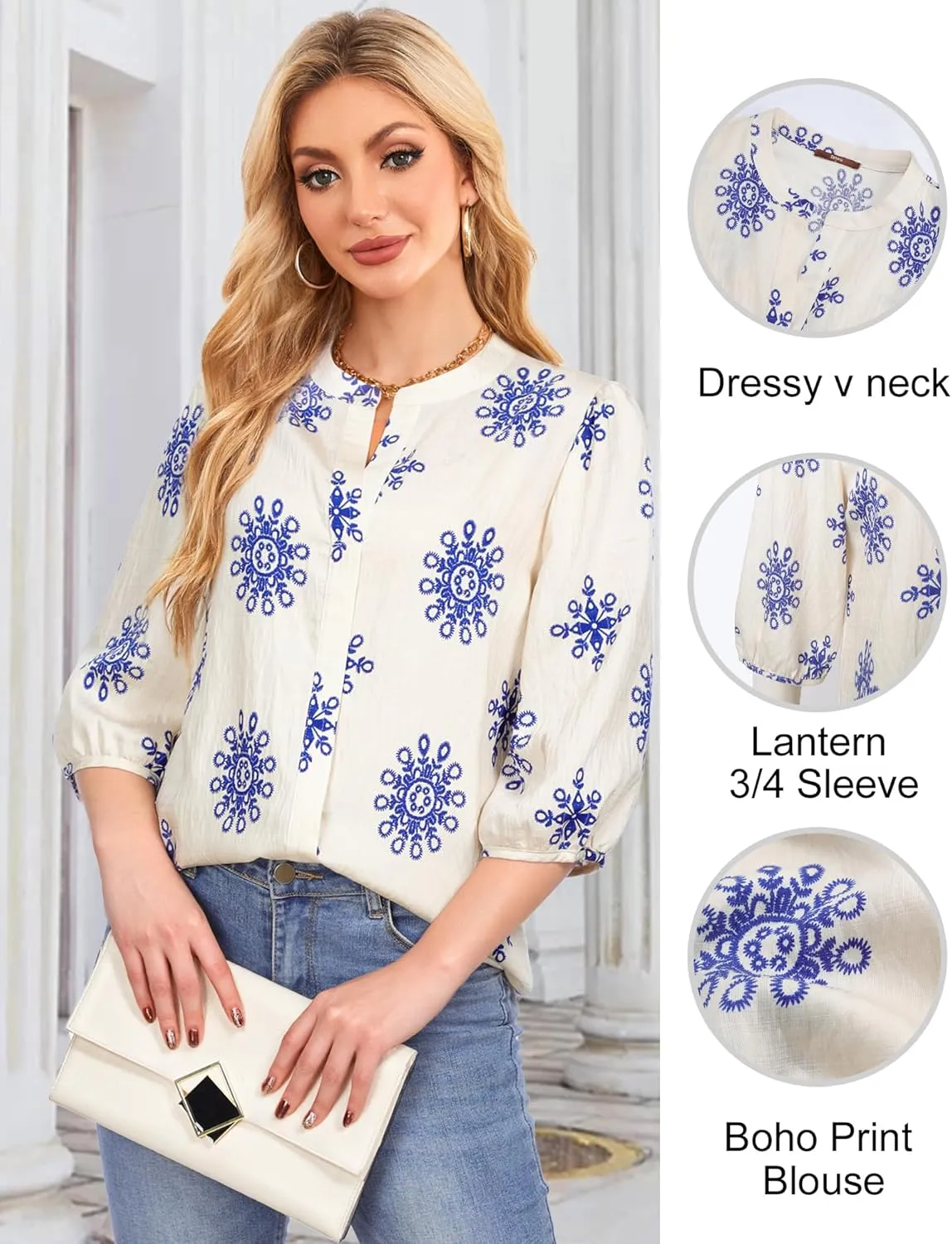 Gaharu Womens Summer Tops 3/4 Puff Sleeve V-Neck Dressy Casual Blouses Boho Floral Shirts