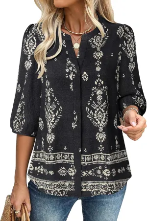 Gaharu Womens Summer Tops 3/4 Puff Sleeve V-Neck Dressy Casual Blouses Boho Floral Shirts
