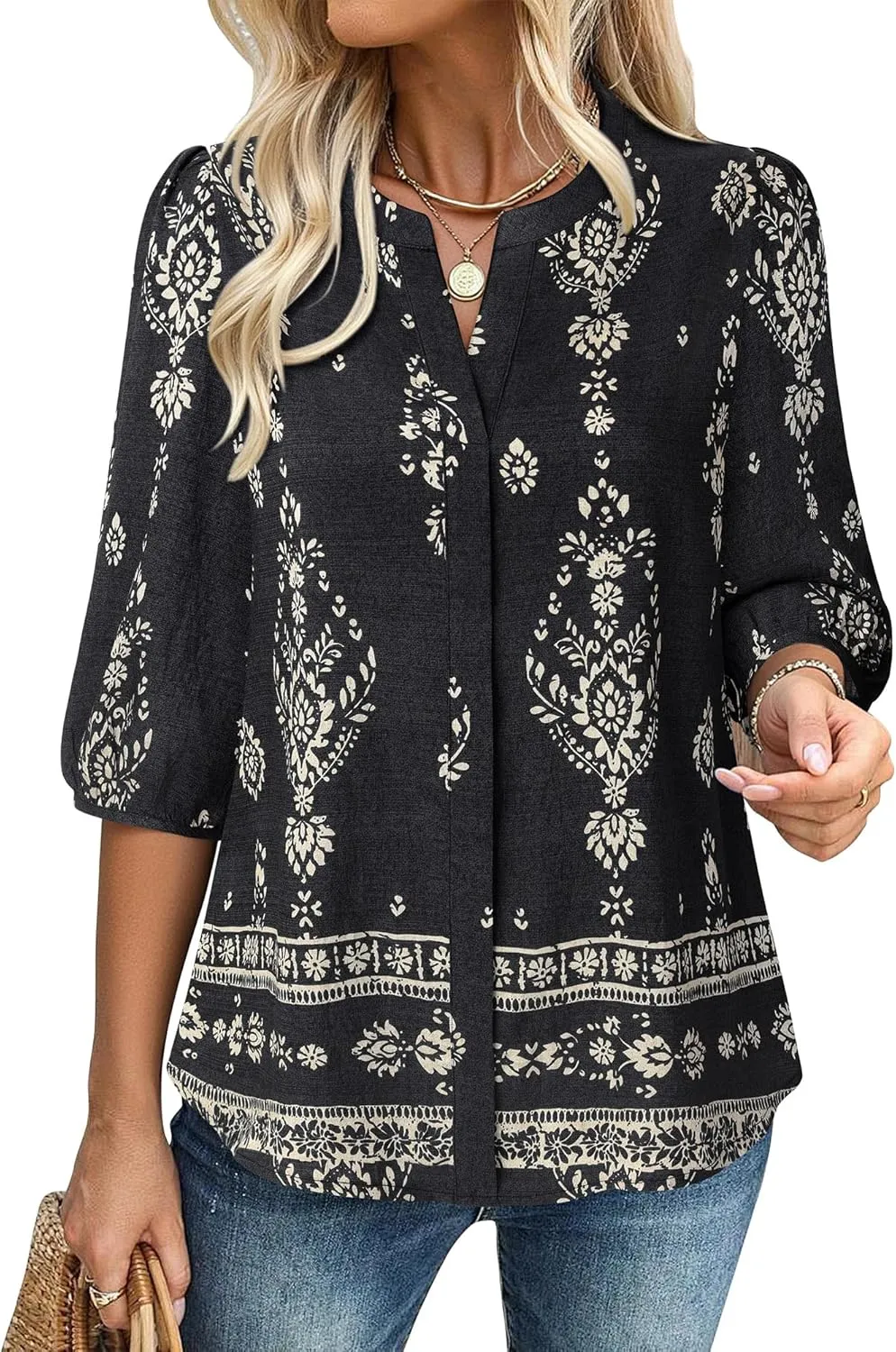 Gaharu Womens Summer Tops 3/4 Puff Sleeve V-Neck Dressy Casual Blouses Boho Floral Shirts
