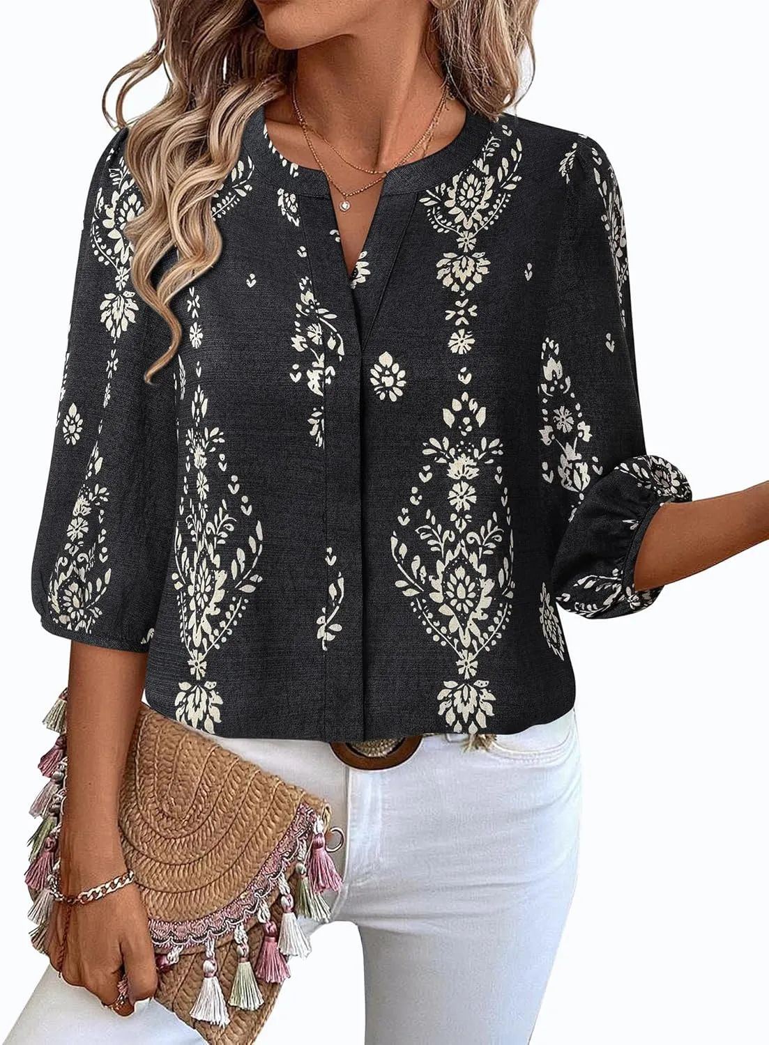 Gaharu Womens Summer Tops 3/4 Puff Sleeve V-Neck Dressy Casual Blouses Boho Floral Shirts