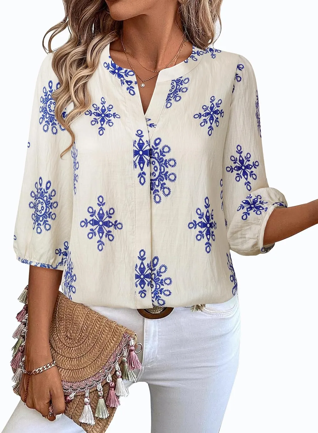 Gaharu Womens Summer Tops 3/4 Puff Sleeve V-Neck Dressy Casual Blouses Boho Floral Shirts