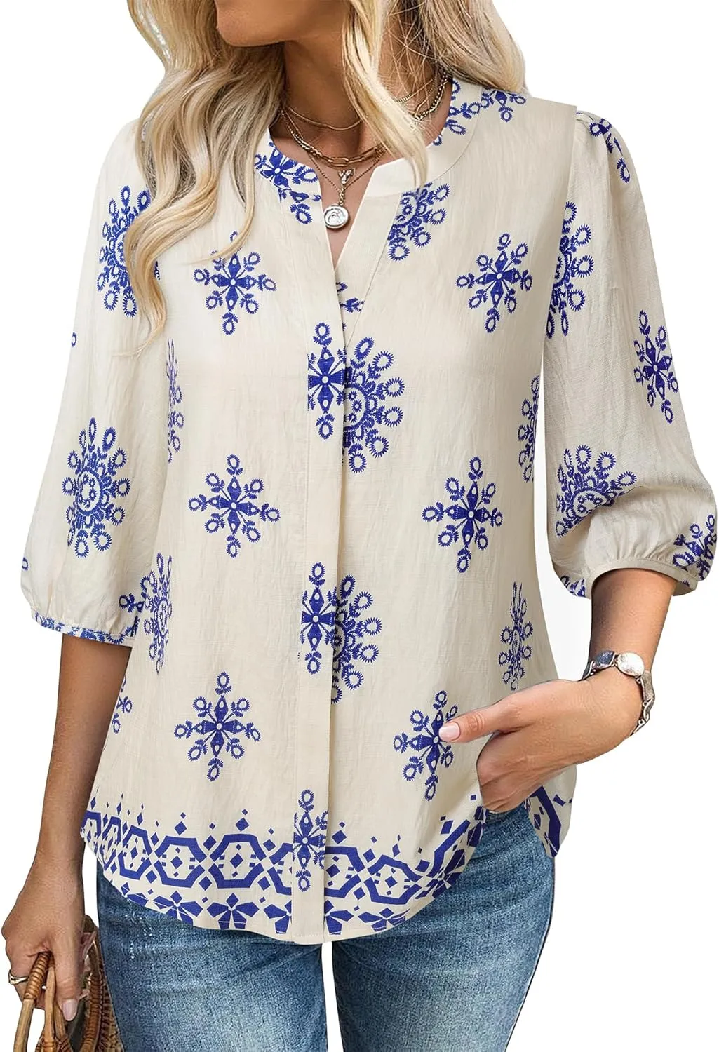 Gaharu Womens Summer Tops 3/4 Puff Sleeve V-Neck Dressy Casual Blouses Boho Floral Shirts