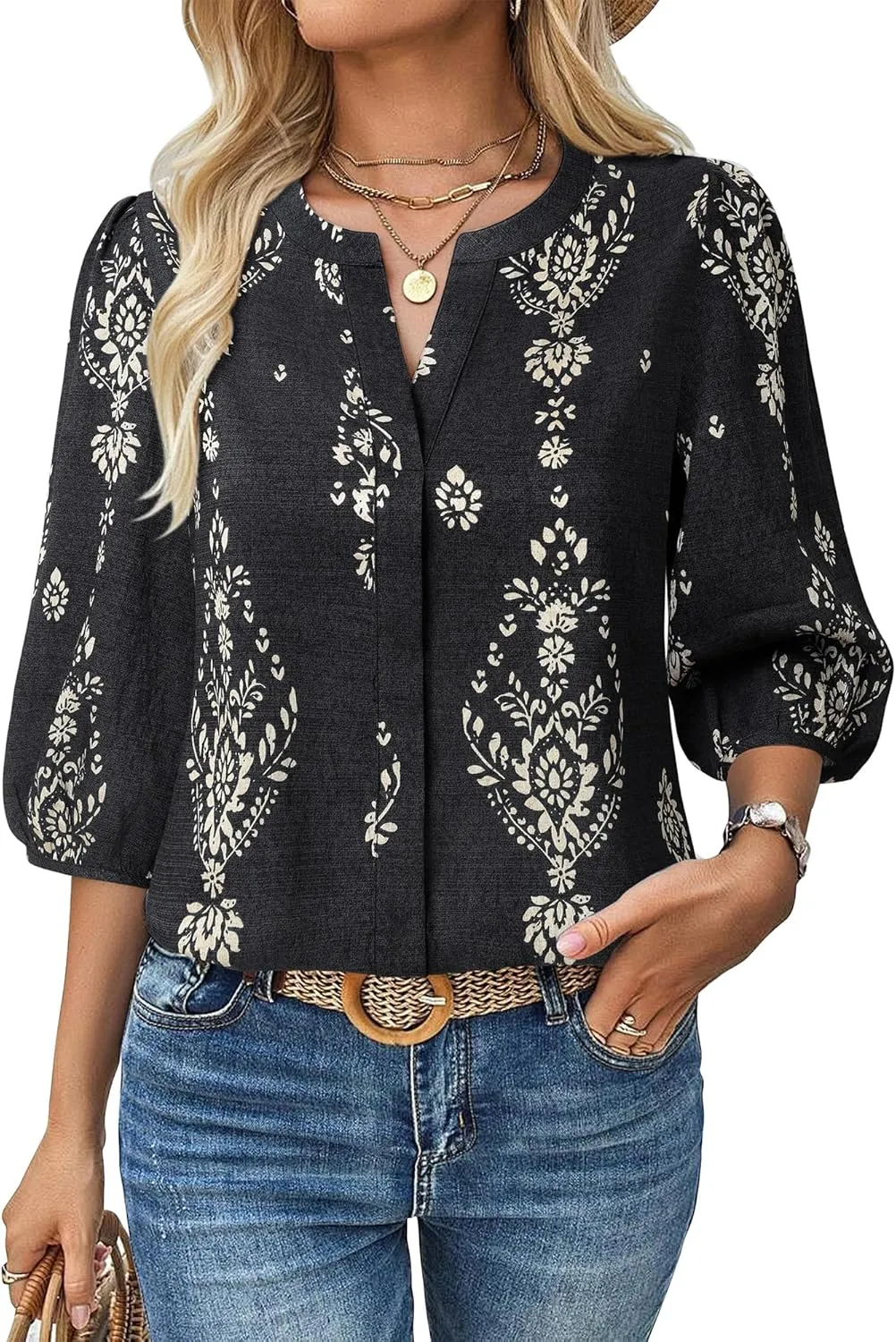 Gaharu Womens Summer Tops 3/4 Puff Sleeve V-Neck Dressy Casual Blouses Boho Floral Shirts