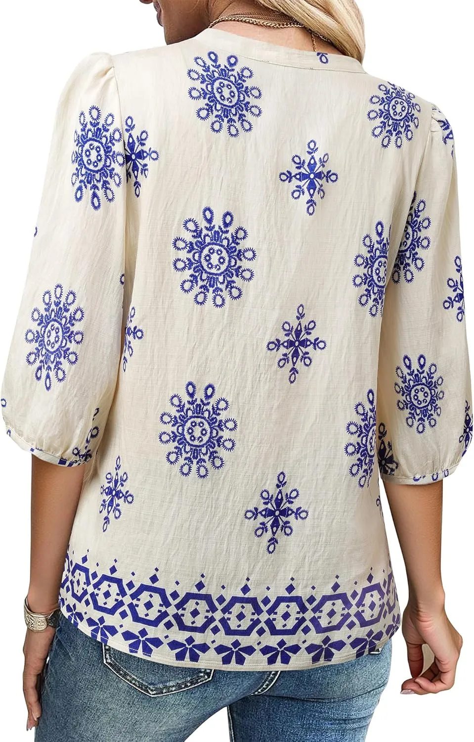 Gaharu Womens Summer Tops 3/4 Puff Sleeve V-Neck Dressy Casual Blouses Boho Floral Shirts