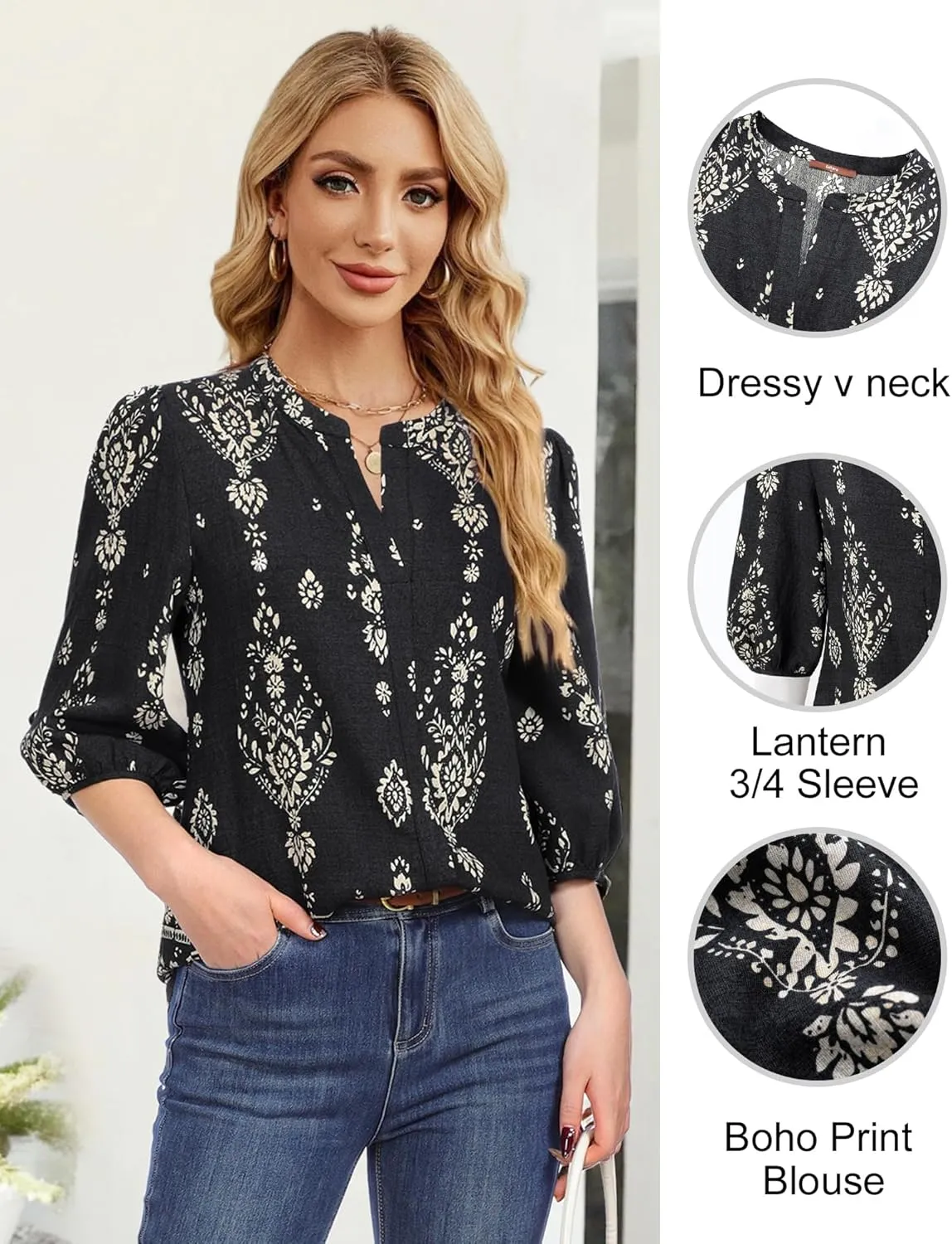 Gaharu Womens Summer Tops 3/4 Puff Sleeve V-Neck Dressy Casual Blouses Boho Floral Shirts