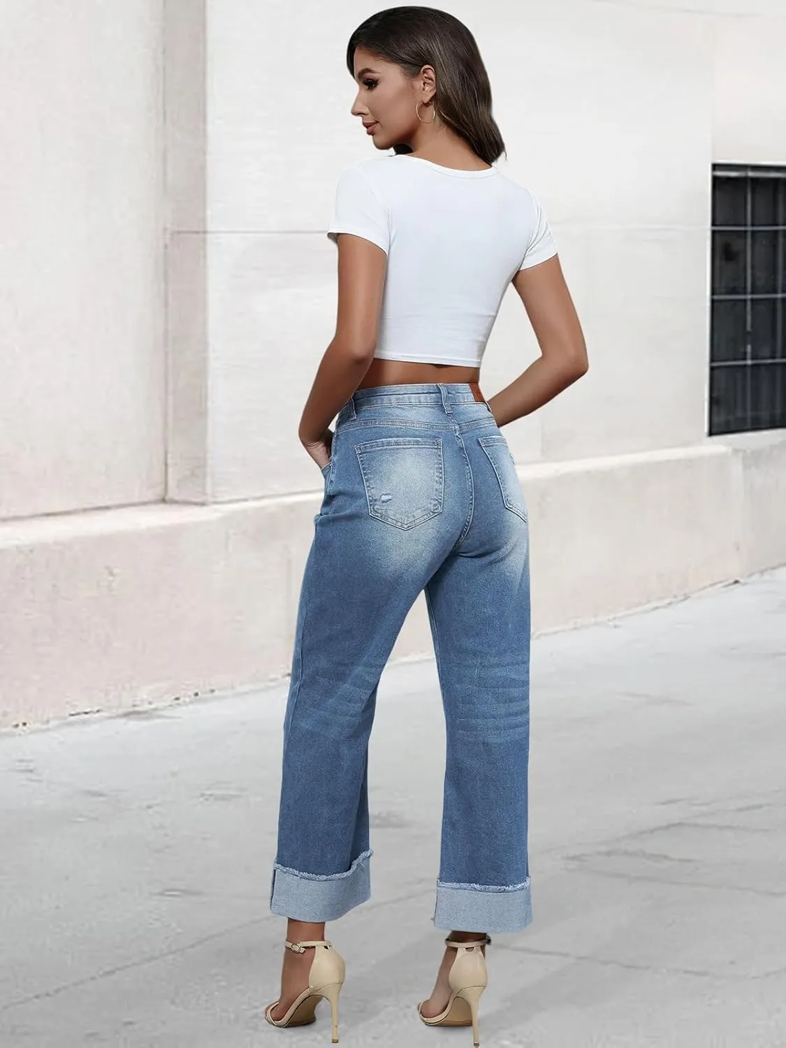 Genleck Wide Leg Cropped Jeans for Women Trendy High Waisted Crossover Boyfriend Jeans Mom Baggy Stretchy Denim